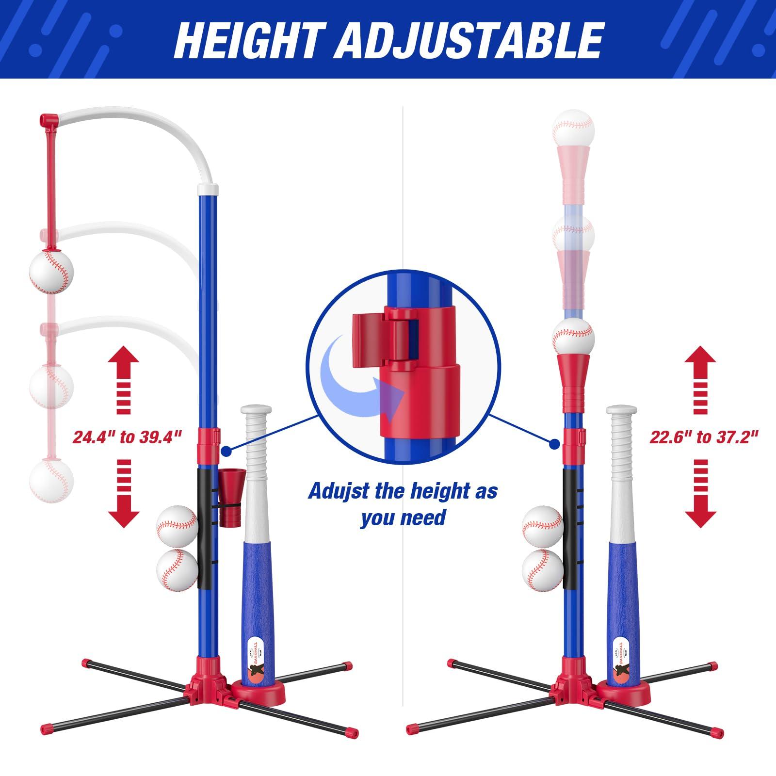 HYES 3-in-1 Baseball Set for Kids 3-5 - Tee Ball Stand, Hanging Tee, Ball Launcher and 6 Softballs - Adjustable Height, Indoor/Outdoor Sport Gifts for Boys, Blue - Image 7