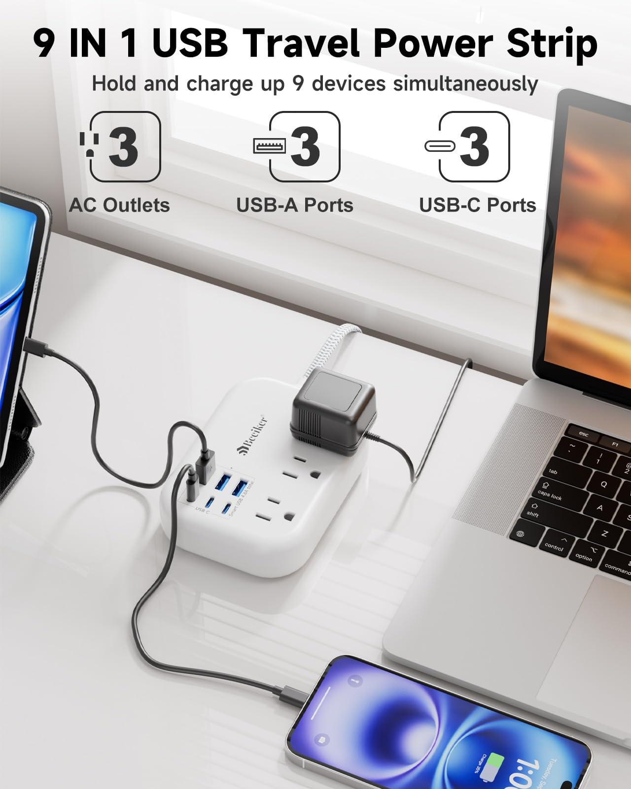 6 USB(3 USB C) Power Strip- Travel Power Strip with 6 USB Desktop Charging Station 24W/4.8A and 3 Outlets, 5Ft Flat Plug Braided Extension Cord, Non Surge Protector for Cruise Ship Travel Office Dorm - Image 3