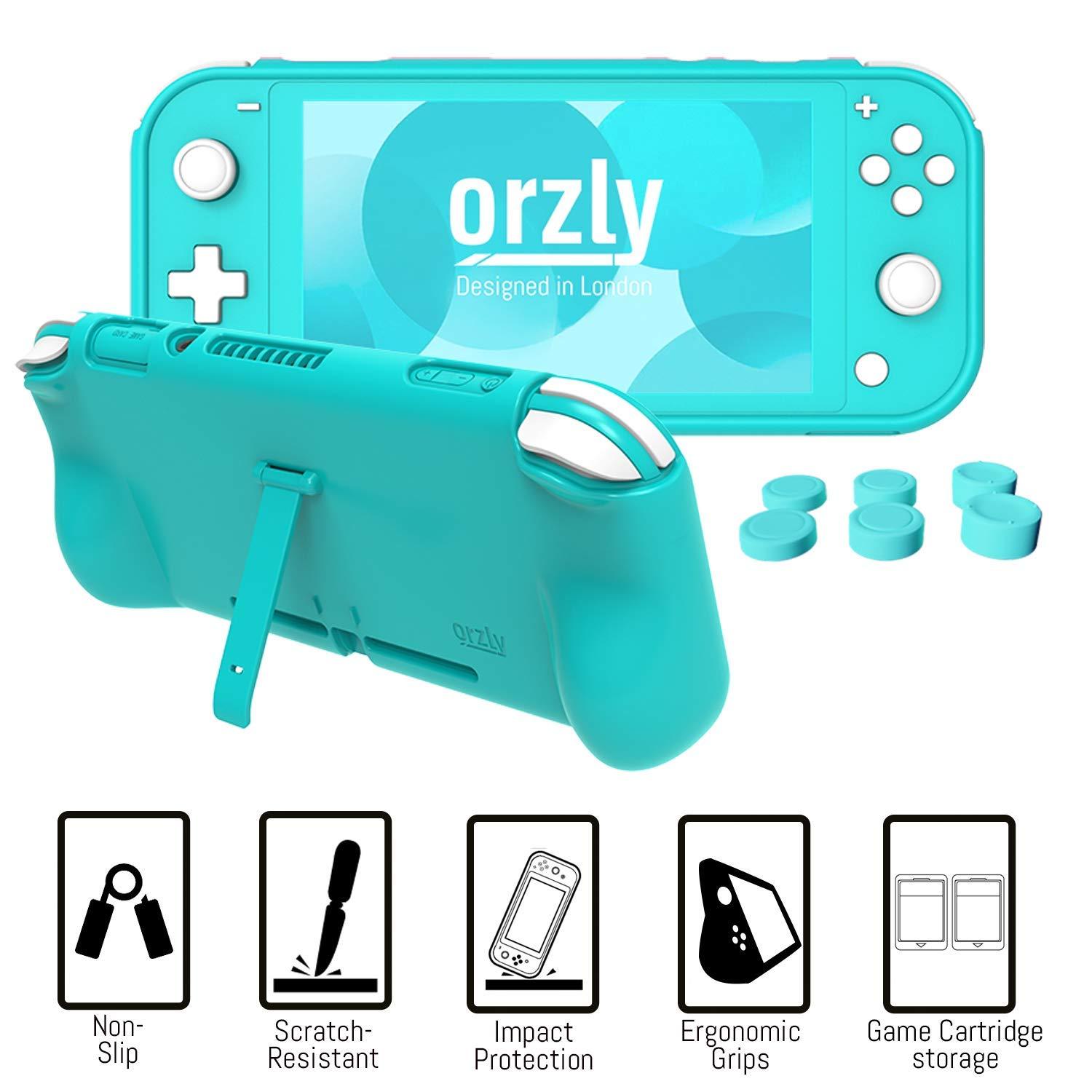Orzly Switch Lite Accessories Bundle - Case & Screen Protector for Nintendo Switch Lite Console, USB Cable, Games Holder, Grip Case, Headphones, Thumb-Grip Pack & More (Gift Pack - Turquoise Blue) - Image 6