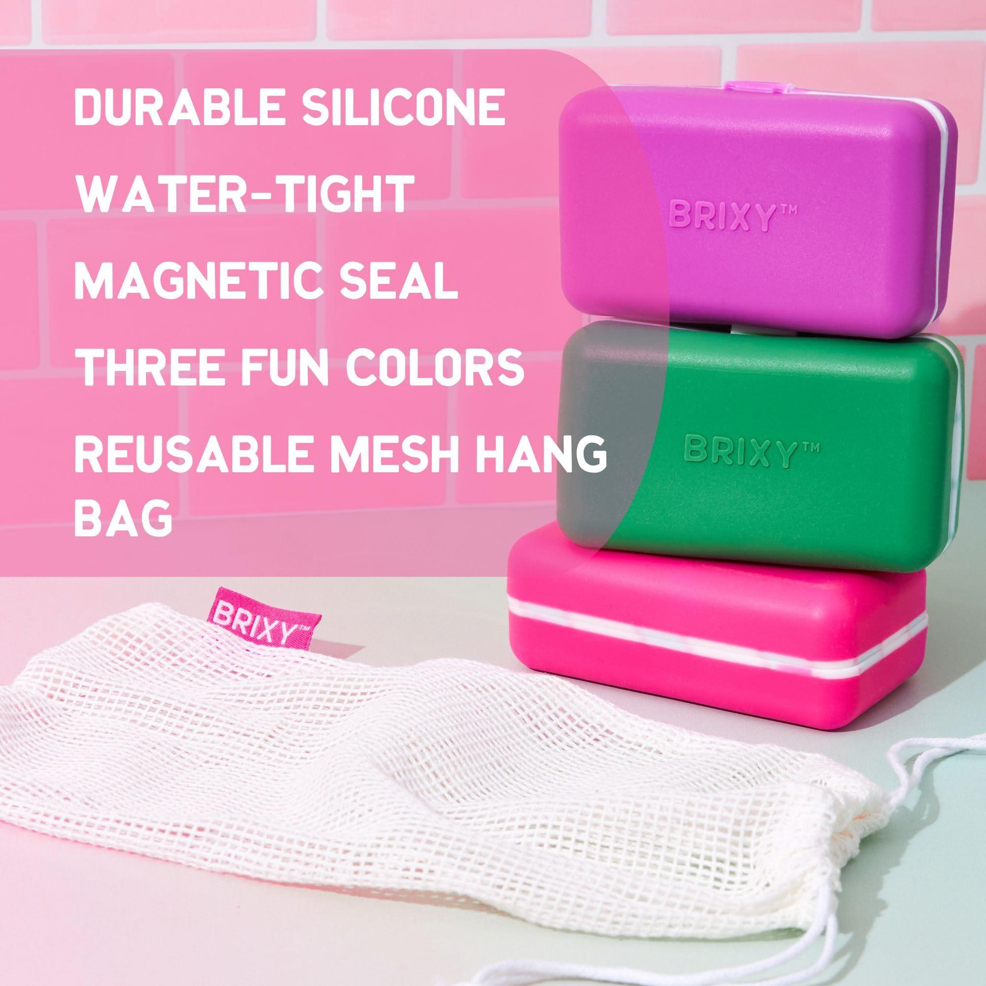 BRIXY Beauty Bar Travel Case Set – 3 Pack Soap Bar Travel Containers, Leakproof Portable Soap Holder, Durable Silicone, Magnetic Seal, TSA Friendly (Pink, Purple, Green) - Image 4