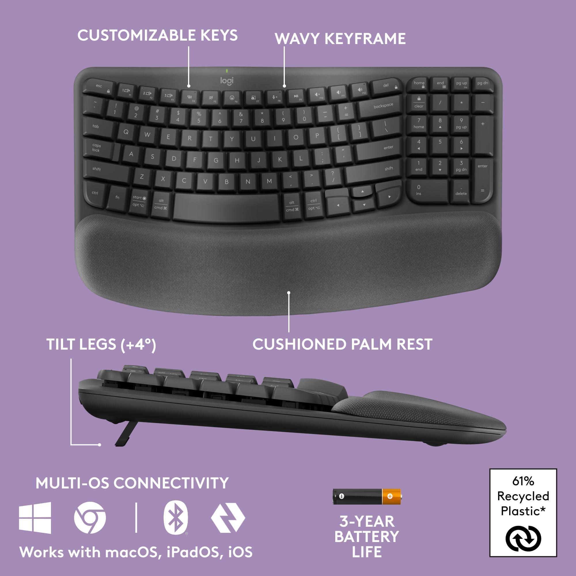 Logitech Wave Keys Wireless Ergonomic Keyboard with Cushioned Palm Rest, Comfortable Natural Typing, Easy-Switch, Bluetooth, Logi Bolt Receiver, for Multi-OS, Windows/Mac - Graphite - Image 6