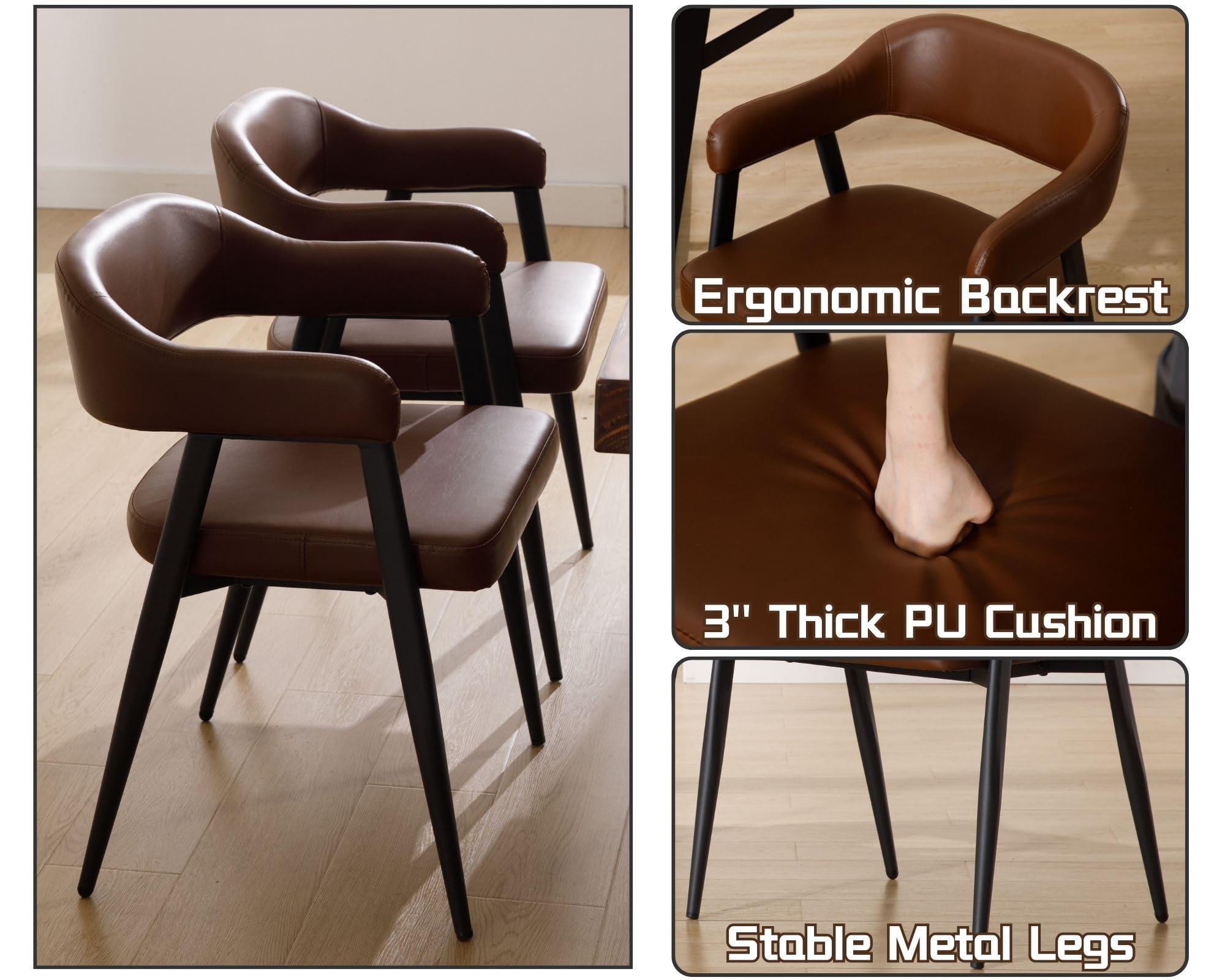 HNY Modern Dining Room Arm Chairs Set of 4, Retro Faux Leather Upholstered Barrel Dining Chairs with Arms Mid-Century Brown Accent Chair with Metal Legs, Open-Back Kitchen Side Chair for Living Room - Image 4