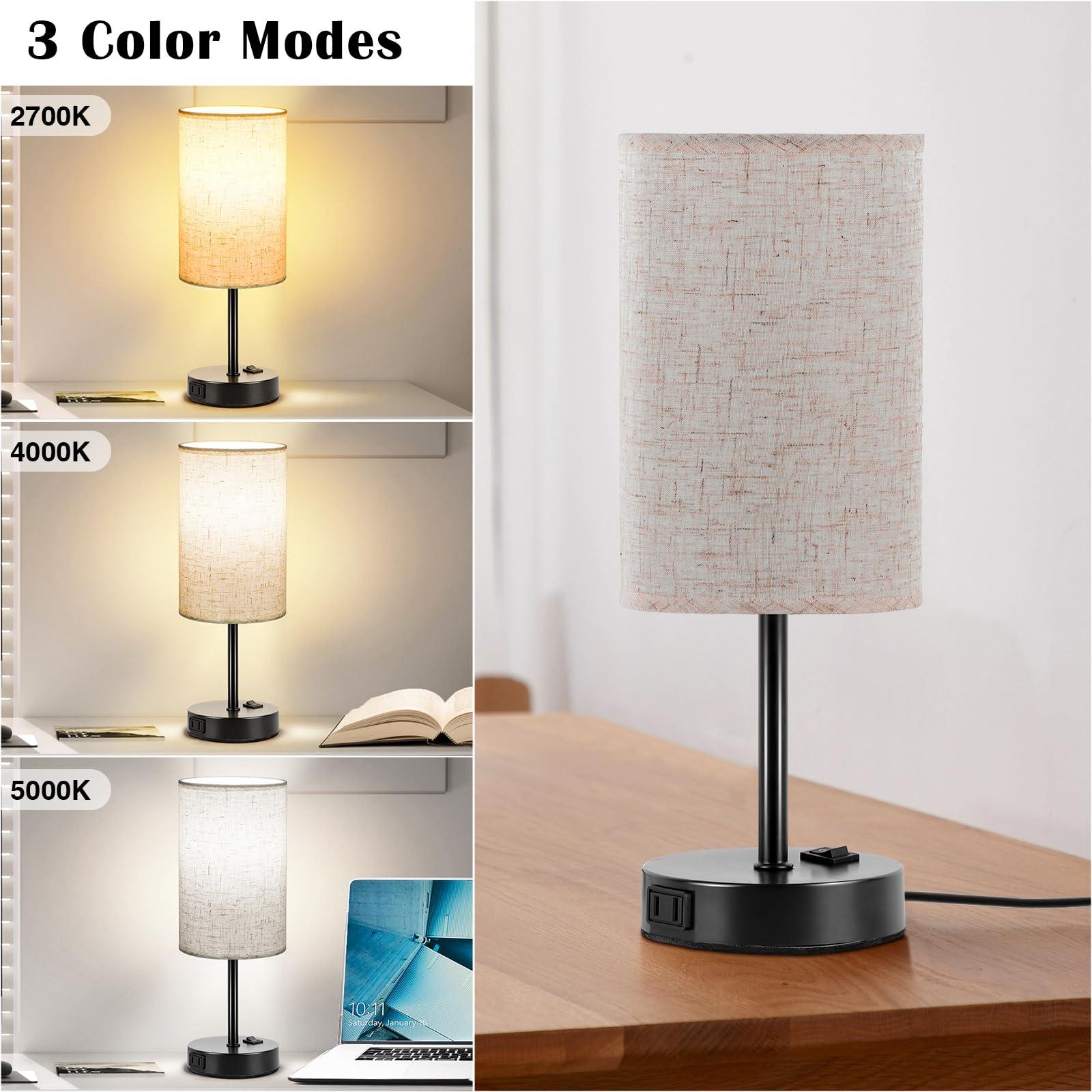 ZJOJO Table Lamp for Bedroom Set of 2, Bedside Small Lamps with 3 Way Dimmable Rocker Switch and AC Outlet, Nightstand Desk Lamp with Flaxen Fabric Shade Black Base for Living Room Home Decor Lights - Image 3