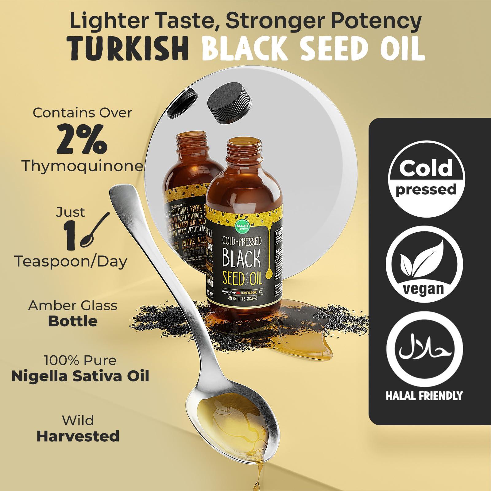 MAJU Black Seed Oil - 3 Times Thymoquinone, Cold-Pressed, 100% Turkish Black Cumin Seed Oil, Liquid Pure Blackseed Oil, Glass Bottle, 8 oz - Image 4