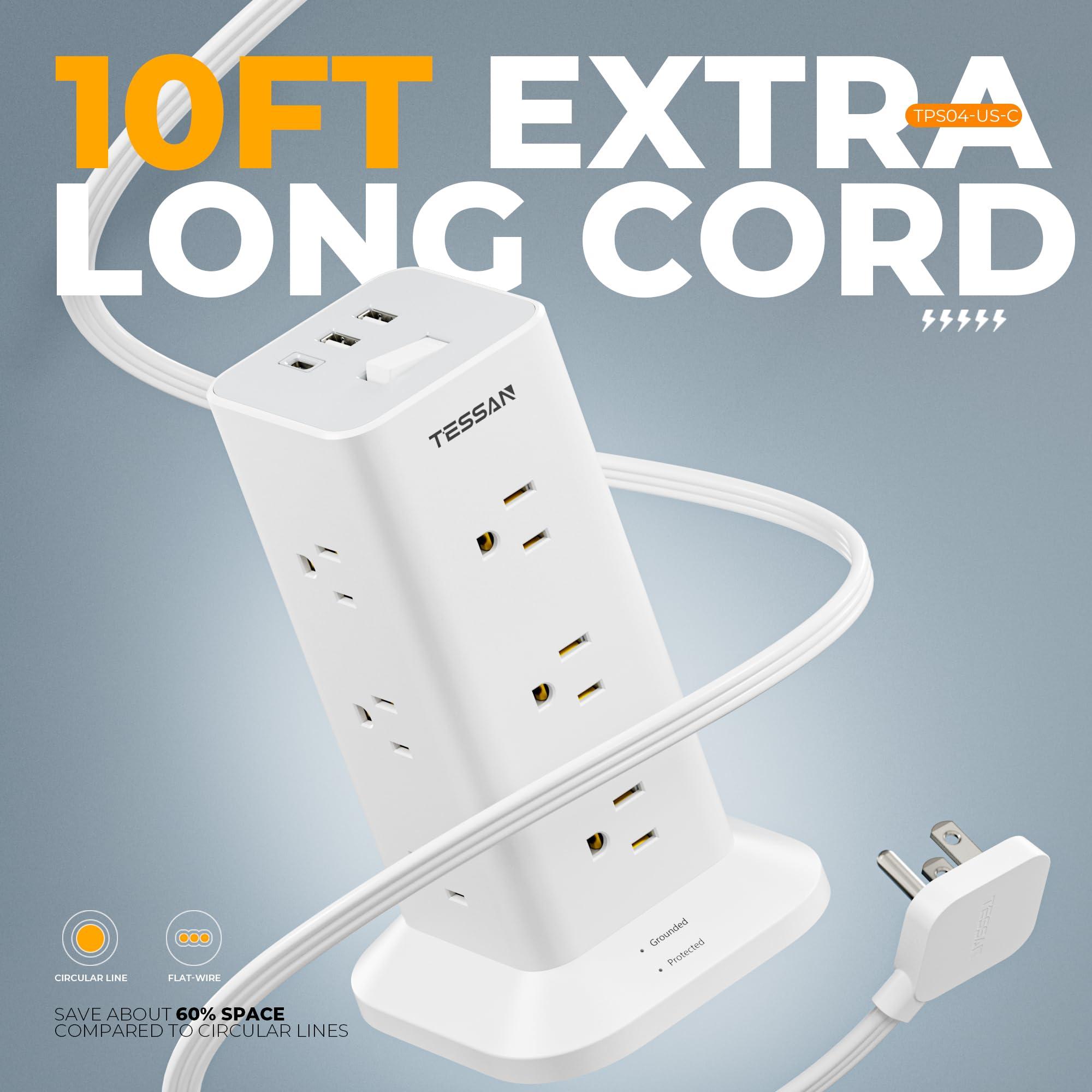 Power Strip Tower with Surge Protector, TESSAN Flat Plug Extension Cord 10 Ft with 12 AC Outlets with 3 USB Ports (1 USB C), Multiple Outlets for Home, Office Supplies, Dorm Room Essentials - Image 3