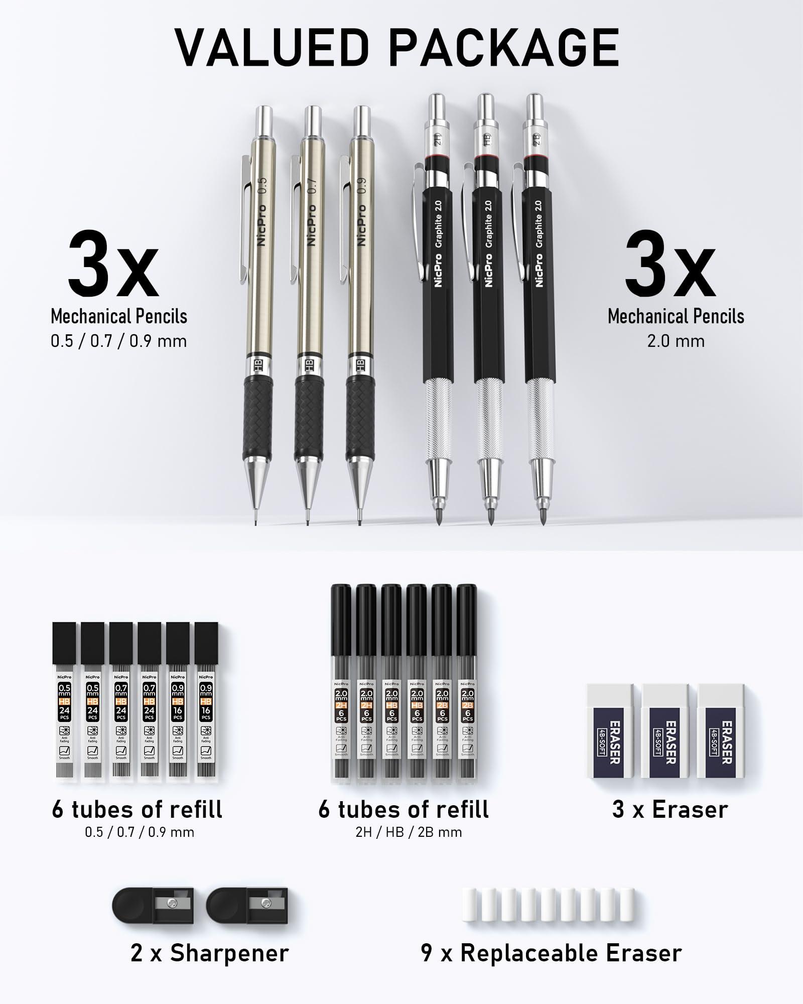 Nicpro 6PCS Art Mechanical Pencil Set, 3PCS Metal Drafting Pencil 0.5 mm & 0.7 mm & 0.9 mm & 3PCS 2mm Graphite Lead Holder (2B HB 2H) For Writing, Sketching Drawing With Lead Refills Case - Image 5