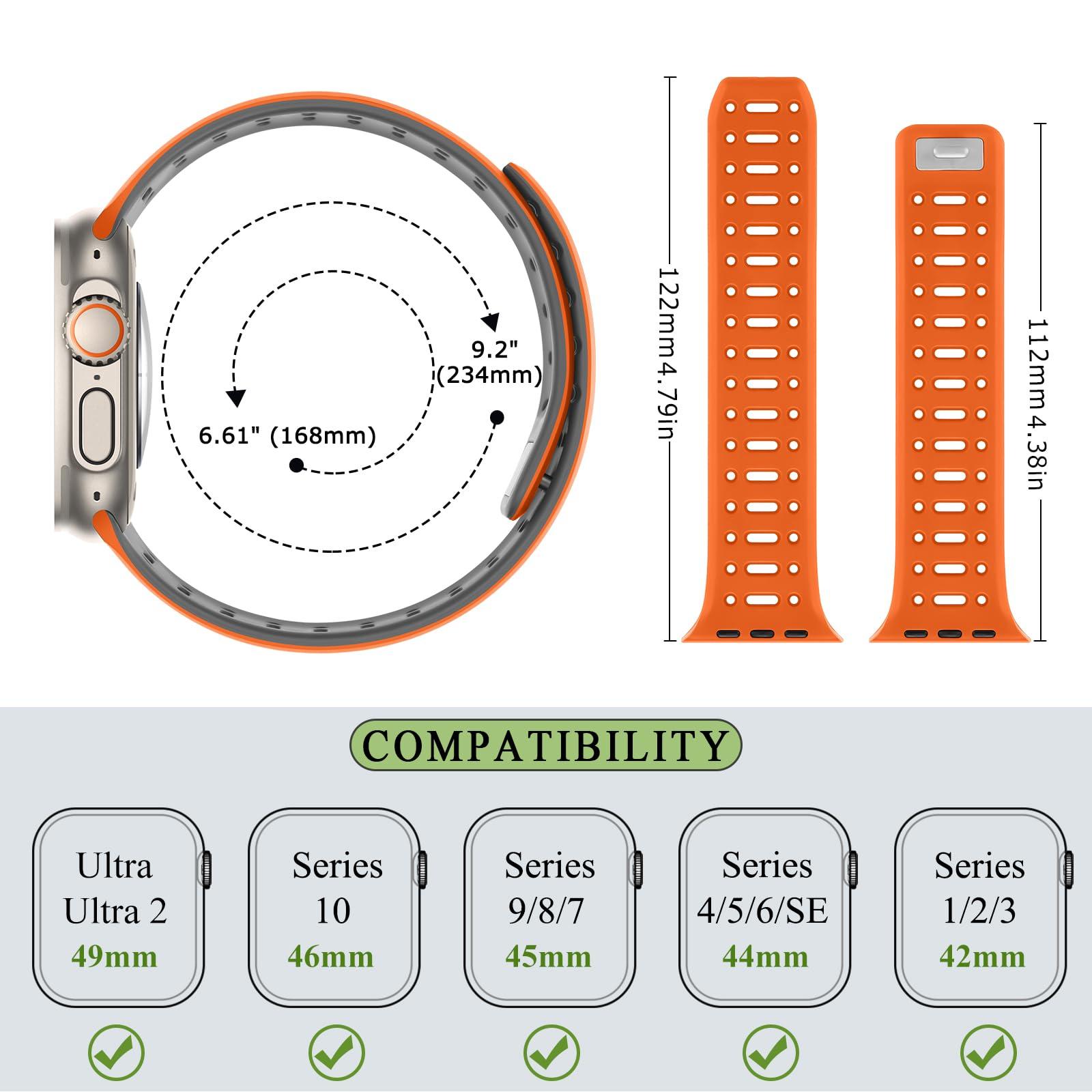 ZZDZZ Compatible with Apple Watch Band 49mm 46mm 45mm 44mm 42mm 41mm 40mm 38mm, Magnetic Silicone Sport Breathable Strap for iWatch Ultra 2 SE Series 10 9 8 7 6 5 4 (49/46/45/44/42mm, Orange/Gray) - Image 6