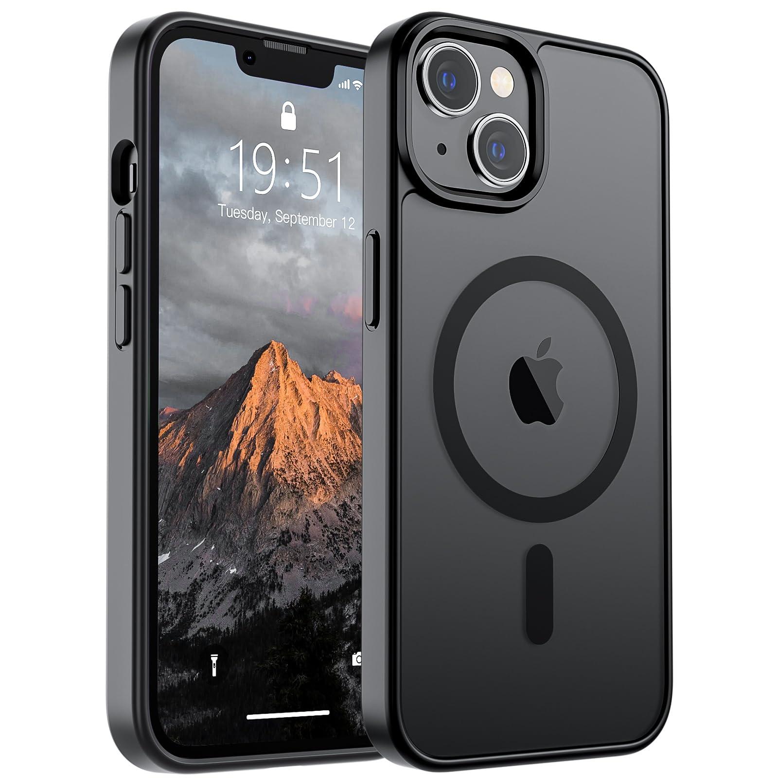 SUPFINE Magnetic for iPhone 14 Case & iPhone 13 Case (Compatible with MagSafe)(Military Grade Drop Protection) Slim Translucent Matte Shockproof Phone Cover,Black