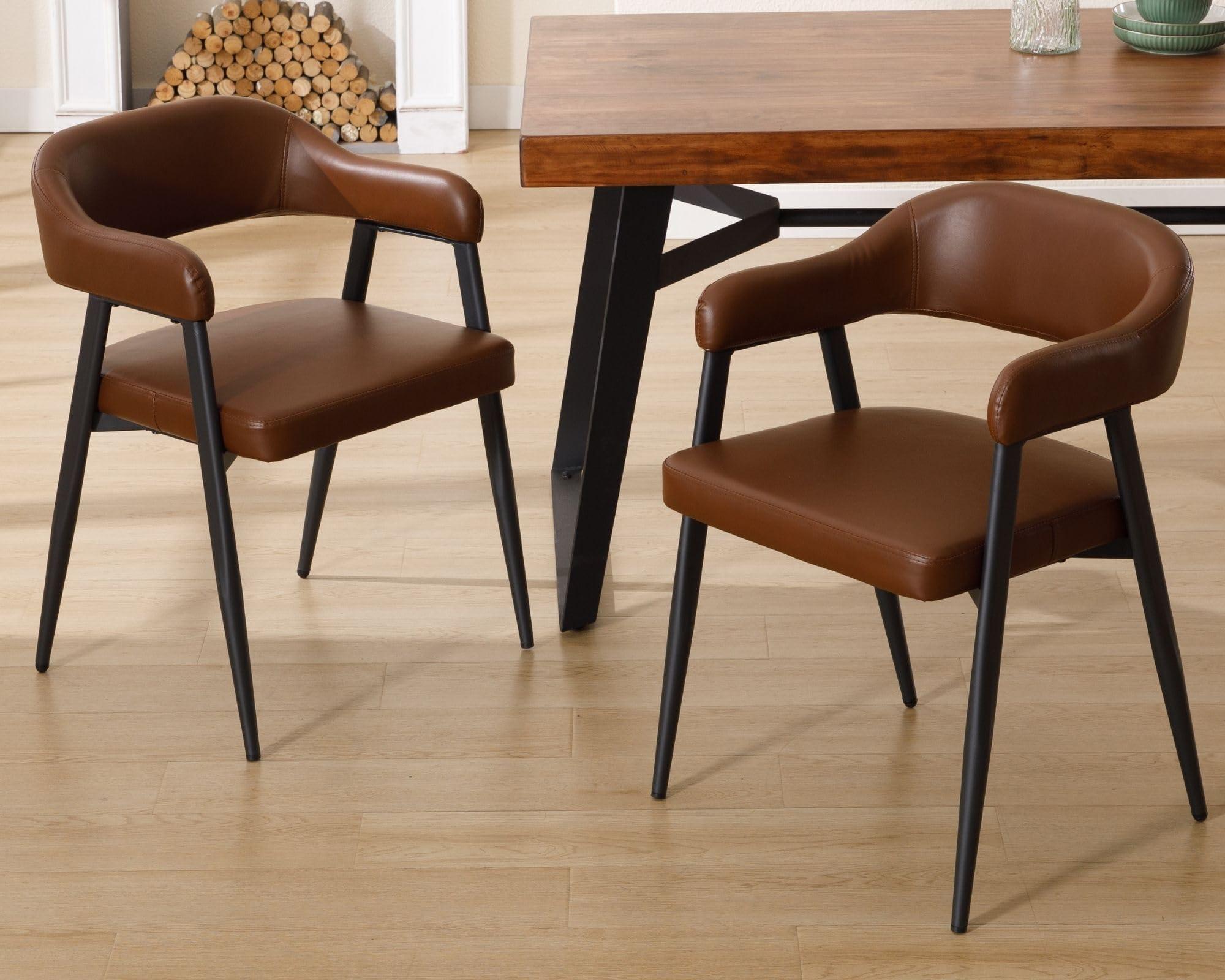 HNY Modern Dining Room Arm Chairs Set of 4, Retro Faux Leather Upholstered Barrel Dining Chairs with Arms Mid-Century Brown Accent Chair with Metal Legs, Open-Back Kitchen Side Chair for Living Room - Image 7