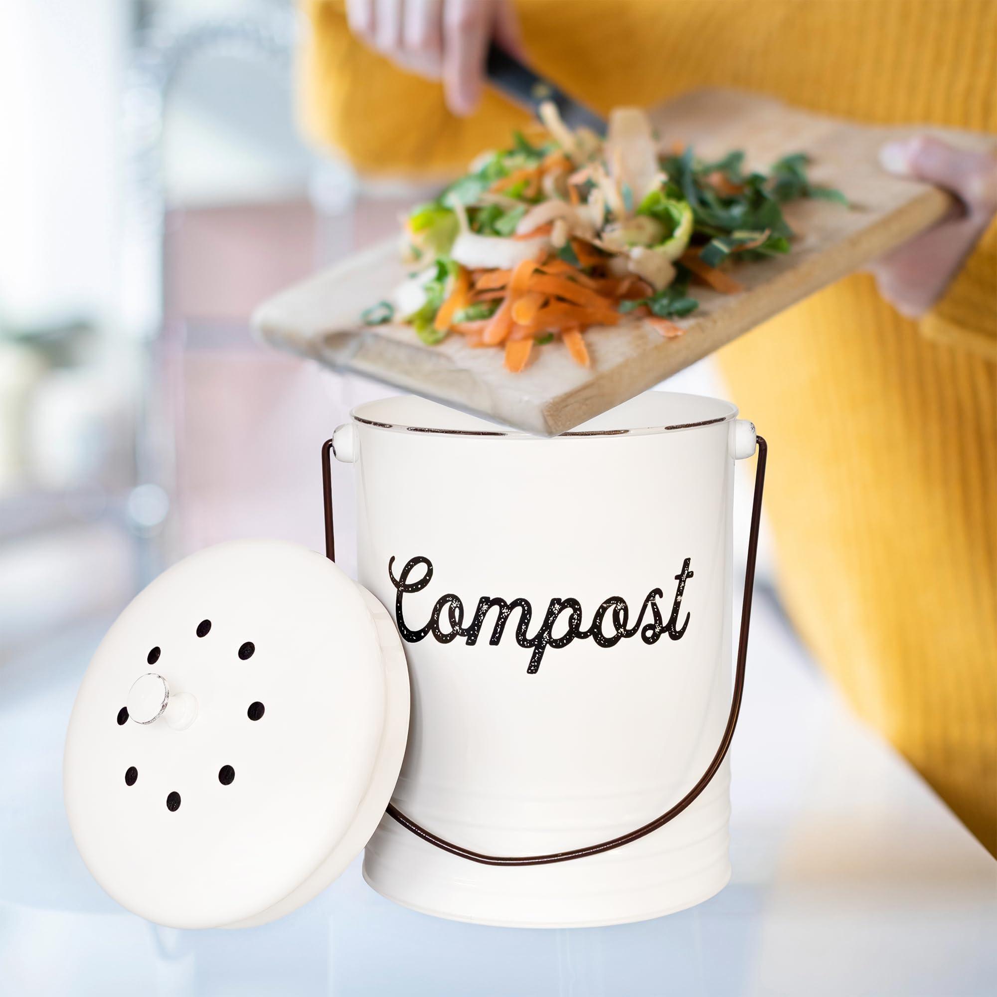 AuldHome Design Kitchen Compost Bin for Countertop | 1.3 Gallon Composting Bucket with Lid | Includes 3 Charcoal Filters | (White Enamel) - Image 2