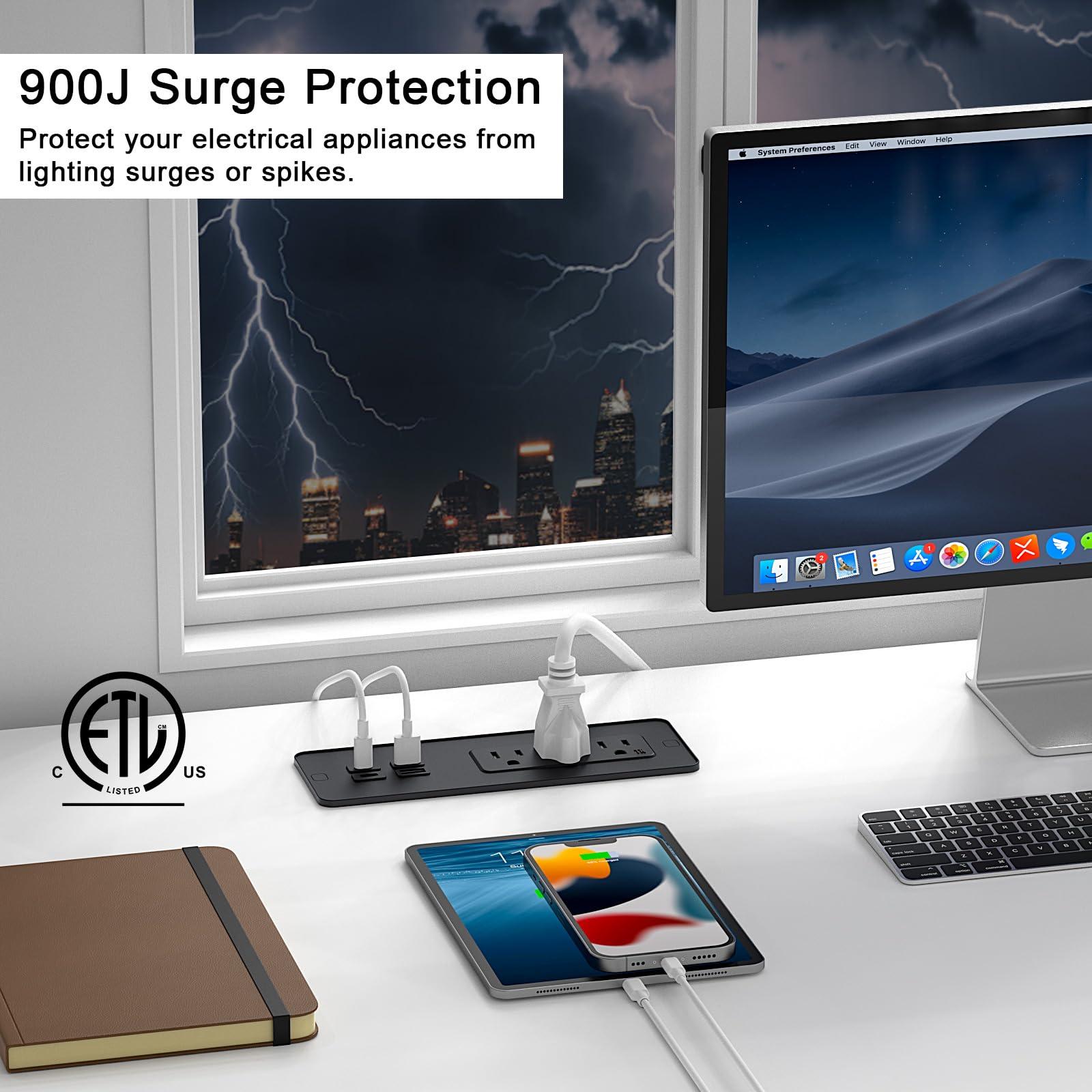 Recessed Power Strip with PD 65W USB C, Flush Mount Power Strip with 3 Outlets 4 USB Ports, Furniture Drawer Outlet with 2M Flat Plug Cable for Side Table Sofa Table, Black - Image 5