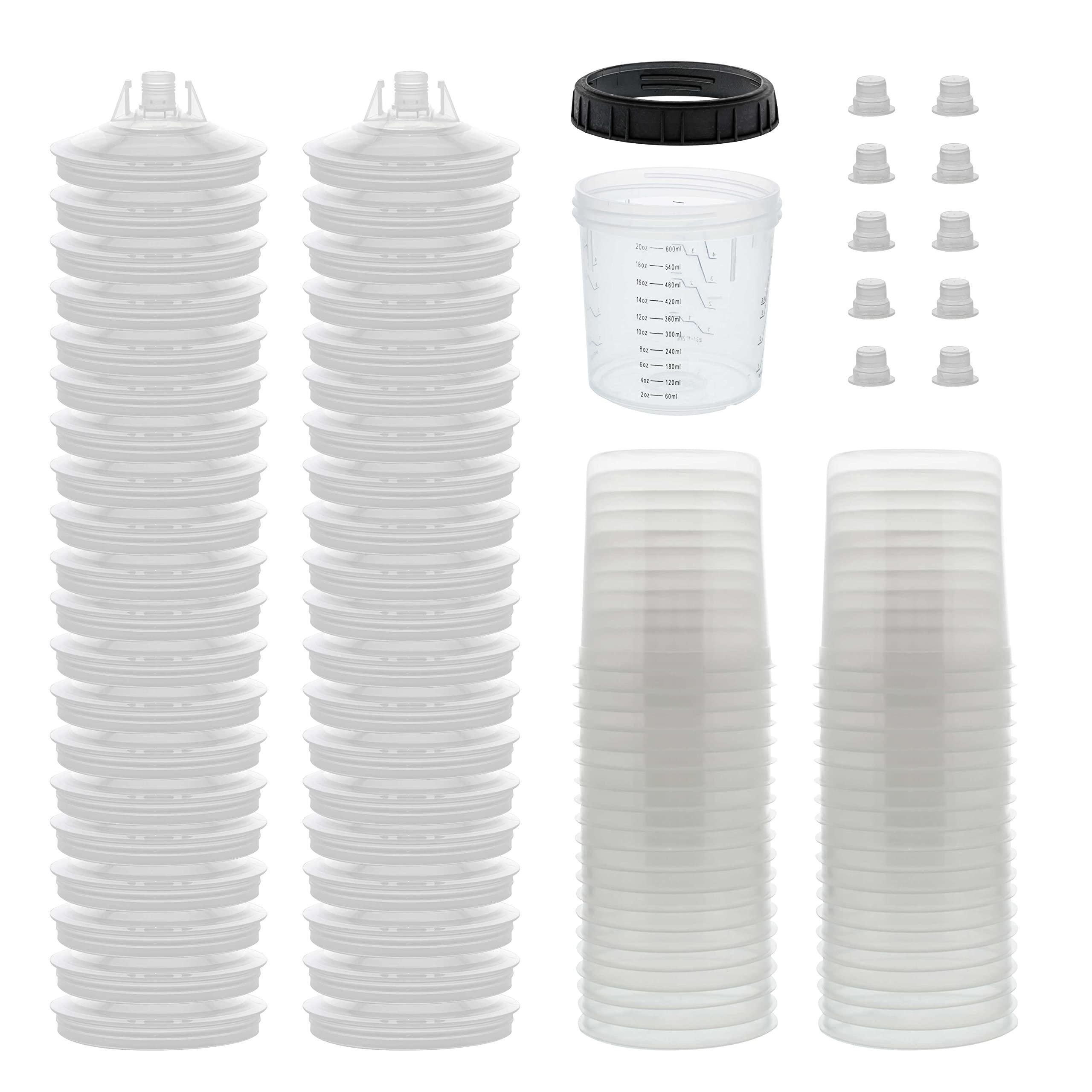 Master Paint System MPS Disposable Paint Spray Gun Liners and Lid System, 40 Pack Standard Size 20 Ounce (600ml) Kit - 40 Liners, 40 Lids with Strainer, 1 Hard Cup with Retainer Ring, 10 Plugs