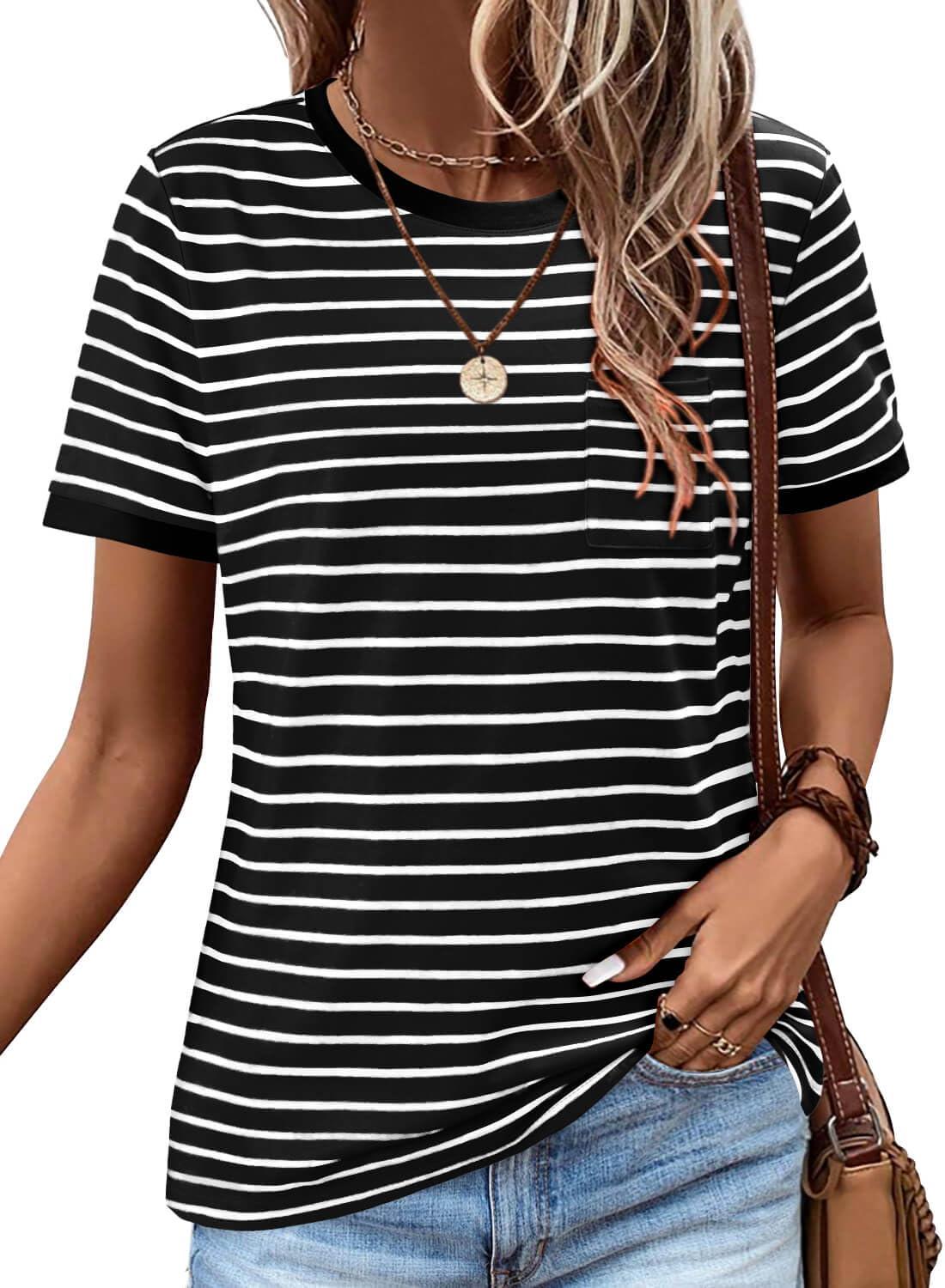 ONLYSHE Womens Short Sleeve Shirts Casual Crewneck Tops Tshirt Basic Tees Summer Fashion Strpied Clothes Outfits Tunic - Image 2