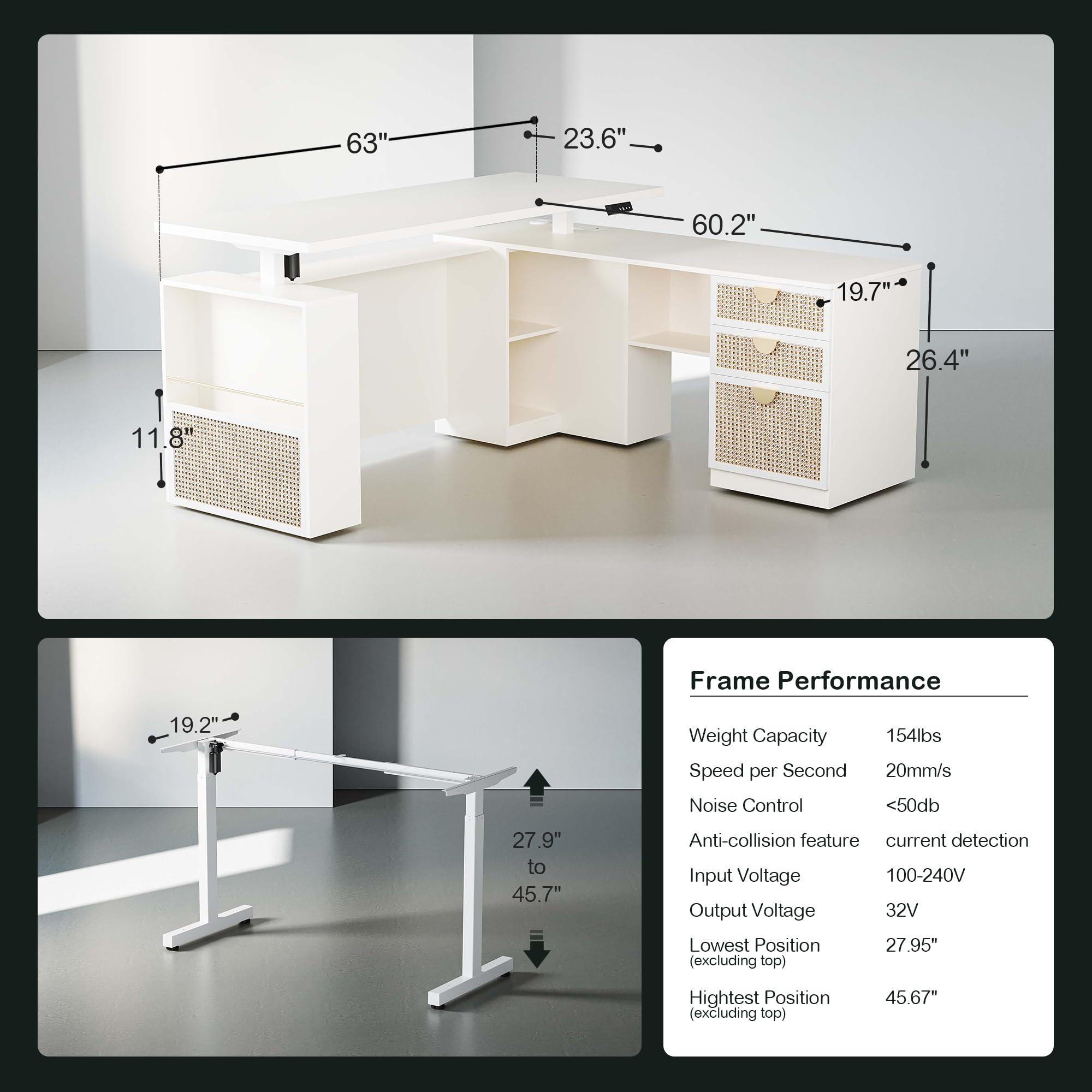 ModernMate 63" Standing Desk with File Cabinet, Privacy Panel, AC/USB, 1.18" Desktop, Executive L Shaped Height Adjustable Desk, Electric Stand Up Table with 3 Drawers, White Rattan - Image 2