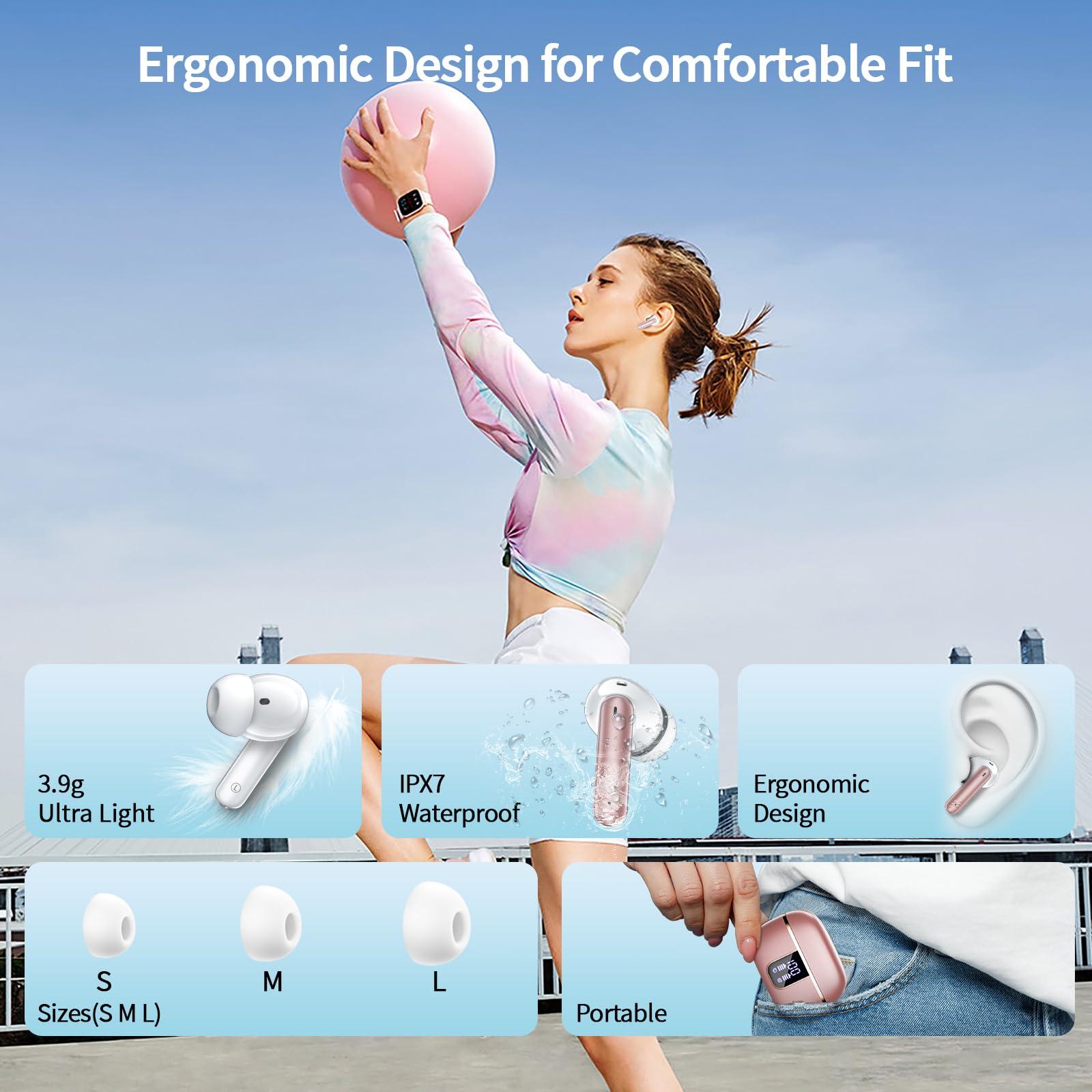 Wireless Earbuds Bluetooth, In Ear Headphones Bluetooth 5.4 Stereo Deep Bass, Ear Buds with Noise Cancelling Mic, 38H Playtime with LED Display, IPX7 Waterproof, Earphones for Android iOS, Rose Gold - Image 6