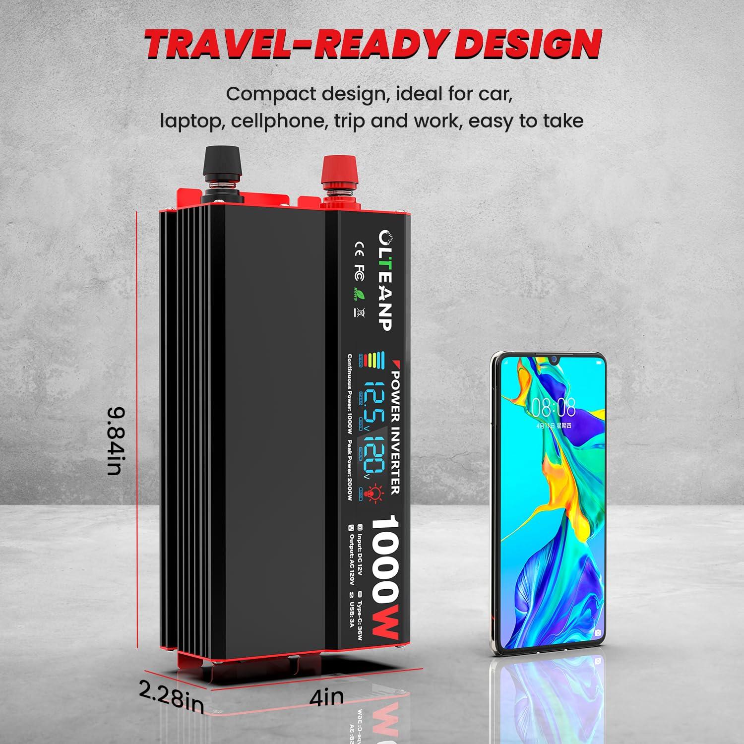 OLTEANP 1000 Watt Power Inverter 12V DC to 110V/120V AC Car Inverter with LCD Screen Display, 2 AC Outlets, 36W Type-C Port, 5V/3A USB Port, Car Power Converter for Truck, Home, Vehicles, Laptop, Trip - Image 7