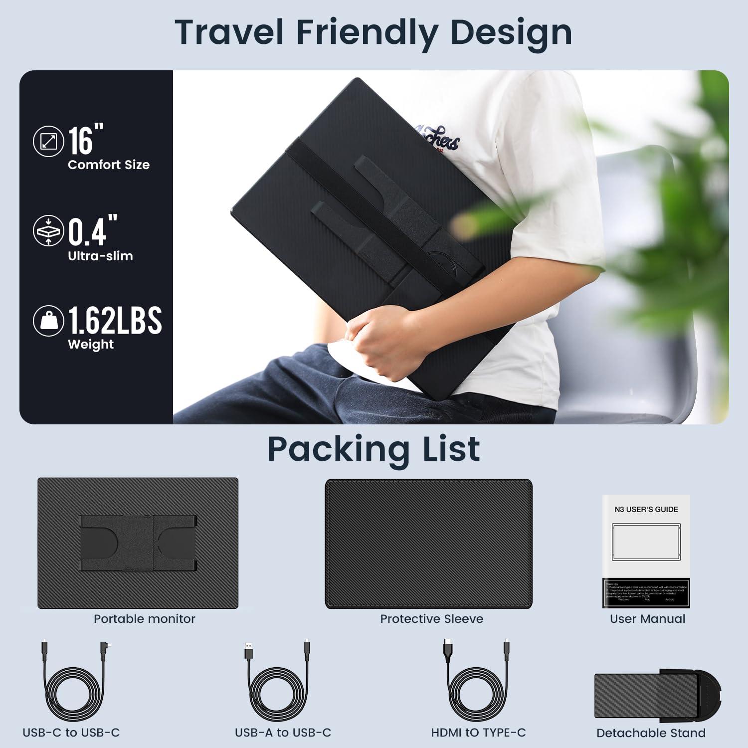 FLYTOCCA Portable Monitor, 16 Inch FHD 1200P, 360° Rotating Detachable Stand, Plug&Play Travel Monitor for Laptop, Ultra-Thin Zero Frame, Premium Smart Cover, Portable Screen for Laptop/PC/Mac - Image 7