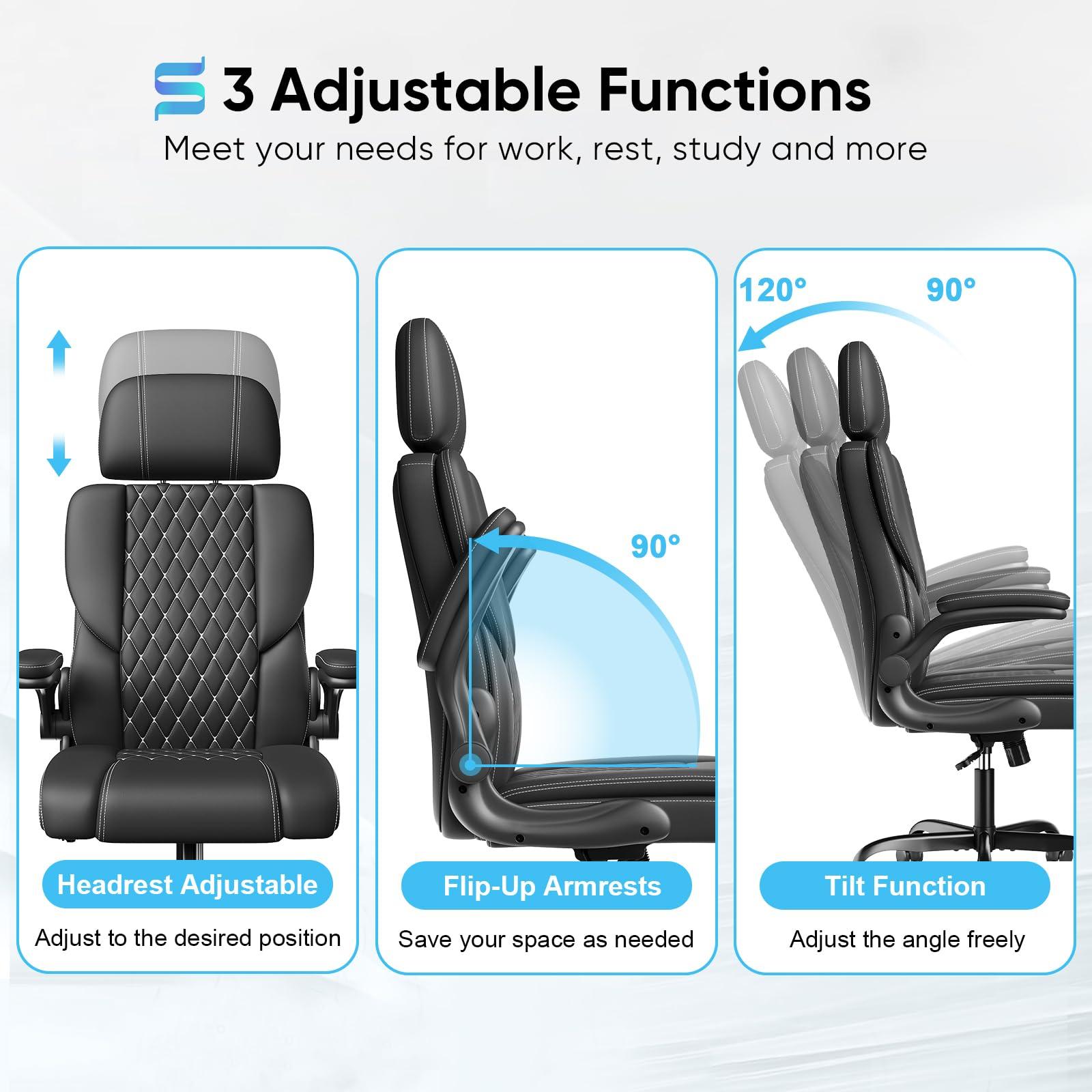 Sytas Executive Leather Office Chair, Comfy Desk Chair with Adjustable Headrest & Flip-up Padded Arms & Lumbar Support, Adjustable Hight and Tilt, Rolling Swivel Chair, Black - Image 3