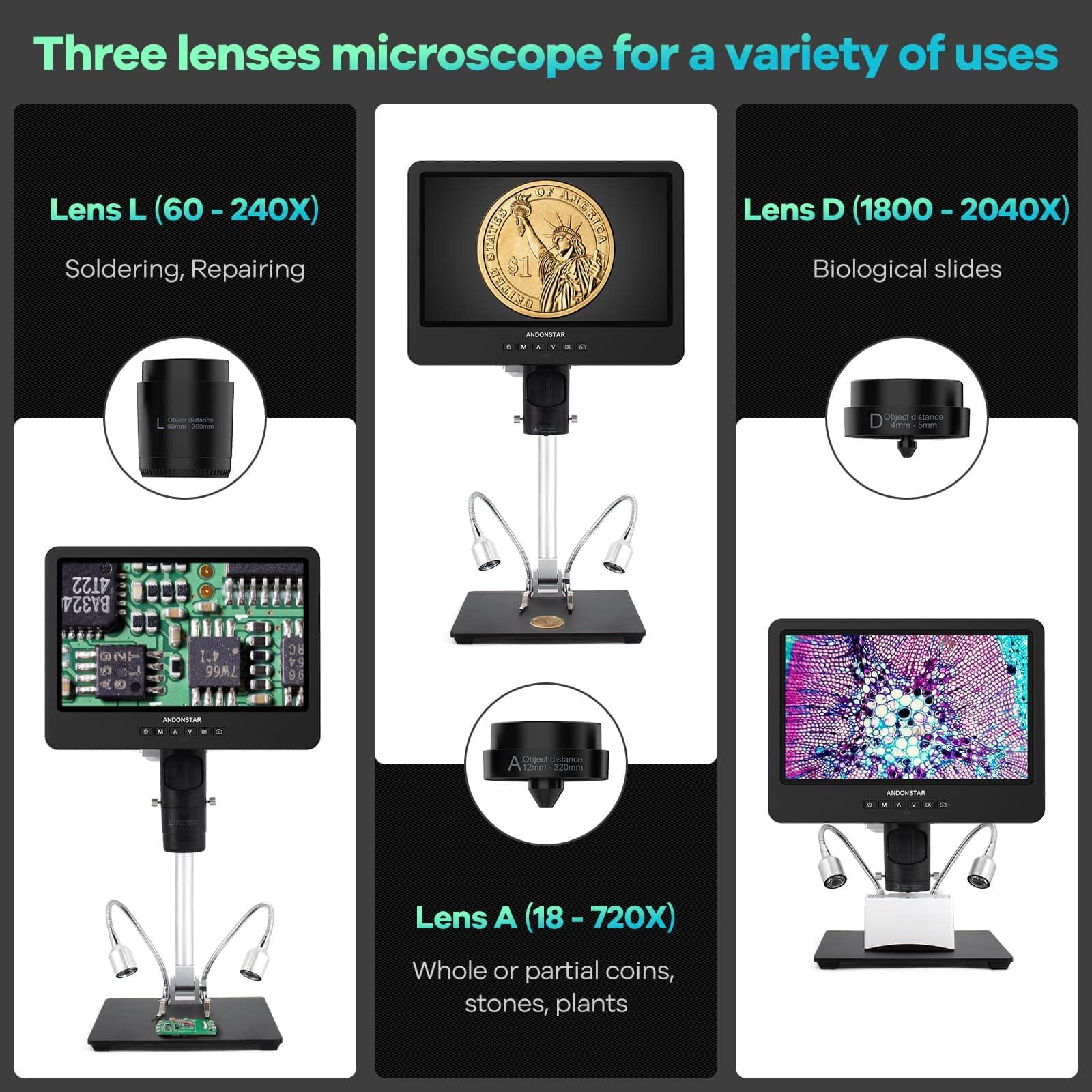 Andonstar AD249S-M 10.1 Inch HDMI Digital Microscope 2000x for Adults, 3 Lens 2160P UHD Video Record, Soldering Microscope for Electronics Repair, Error Coins, Pro Boom Arm Stand, Windows Compatible - Image 2