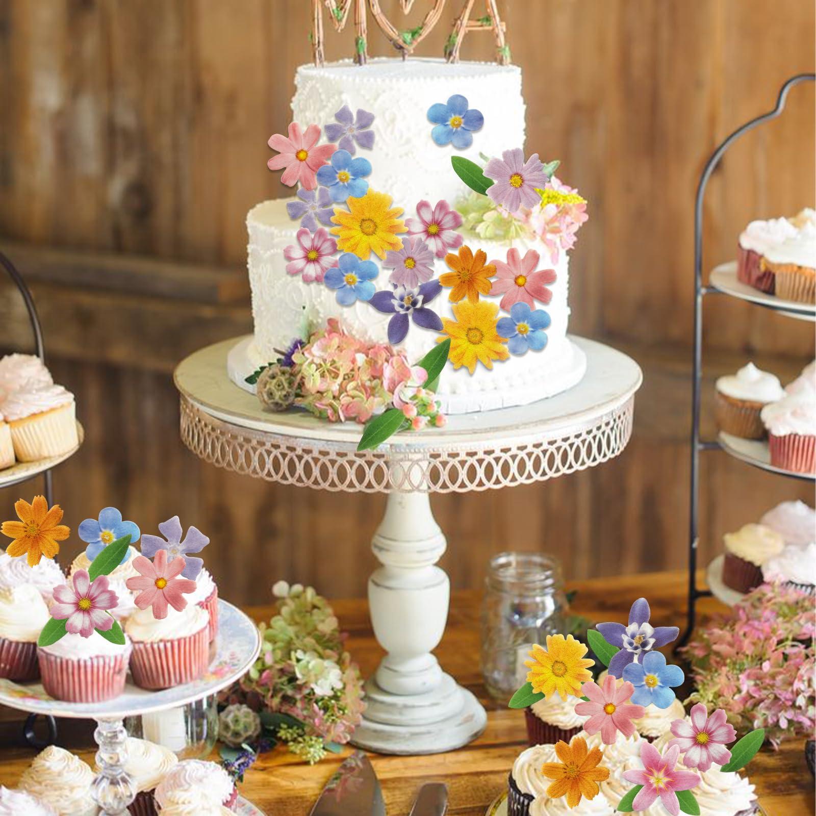 Morofme 60pcs Edible Flower Cake Decorations Wafer Paper Flowers Hawaiian Flower Leaves Cake Decor Daisy Cupcake Topper Mixed Size for Colourful Tropical Themed Baby Shower Birthday Party Supplies - Image 6