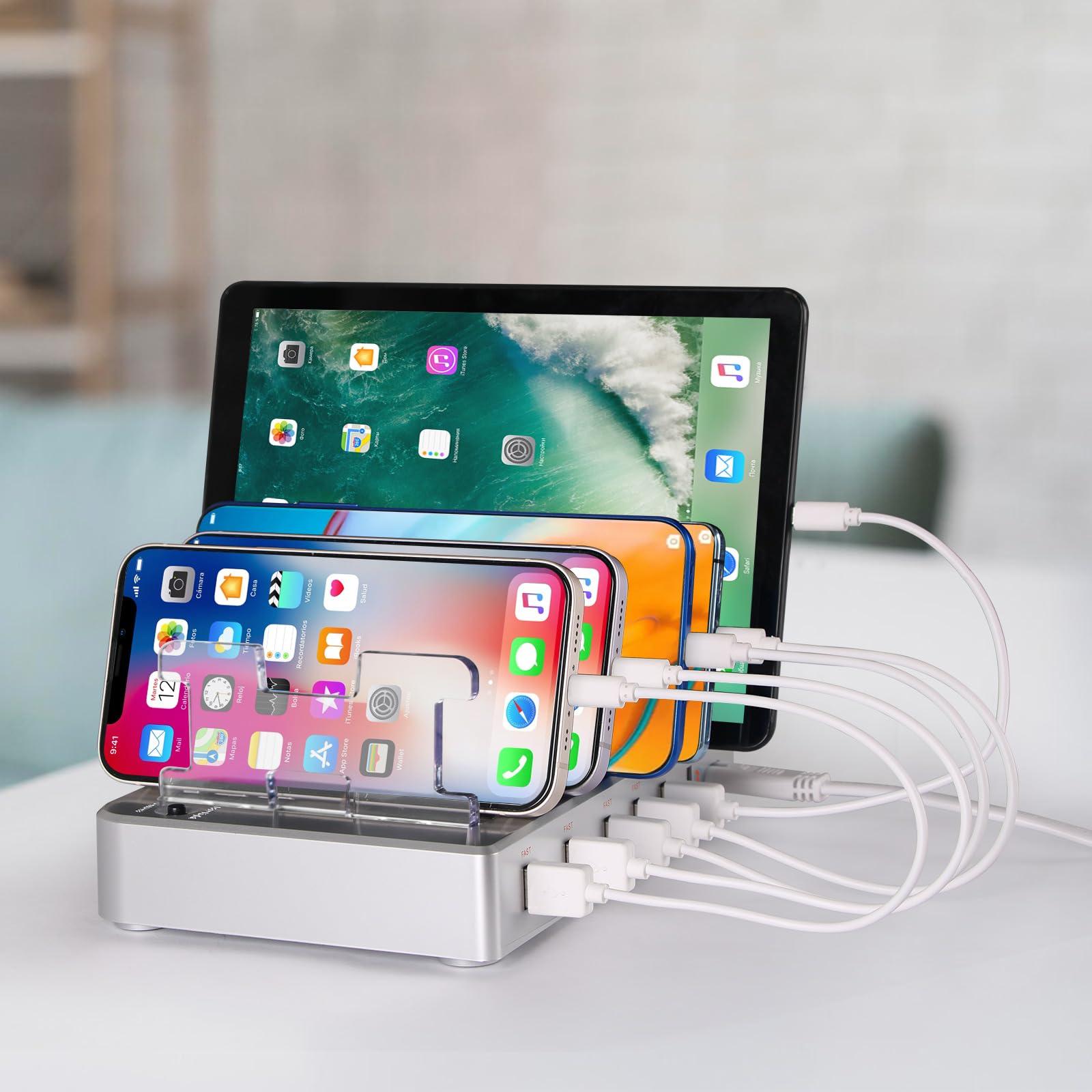 Charging Station for Multiple Devices, 6 Ports USB Multi Devices Charger Fast Cell Phone Charging Station for iPhone iPad Tablets (Silver, 6 Mixed Cables Included) - Image 7