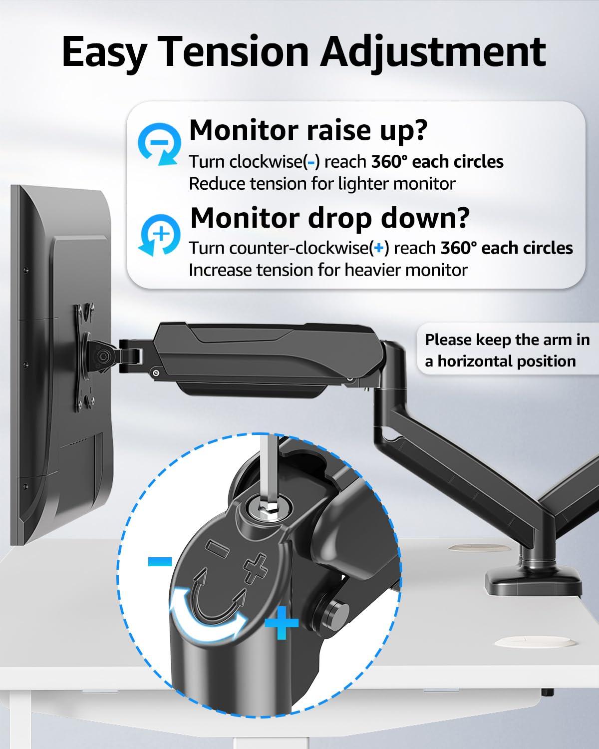 MOUNTUP Dual Monitor Stand for Desk, Pneumatic Monitor Arms for 2 Monitors Max 32 Inches, Height Adjustable Double Monitor Mount, VESA Mounts with C-Clamp & Grommet Base, Holds 4.4-17.6lbs, Black - Image 3