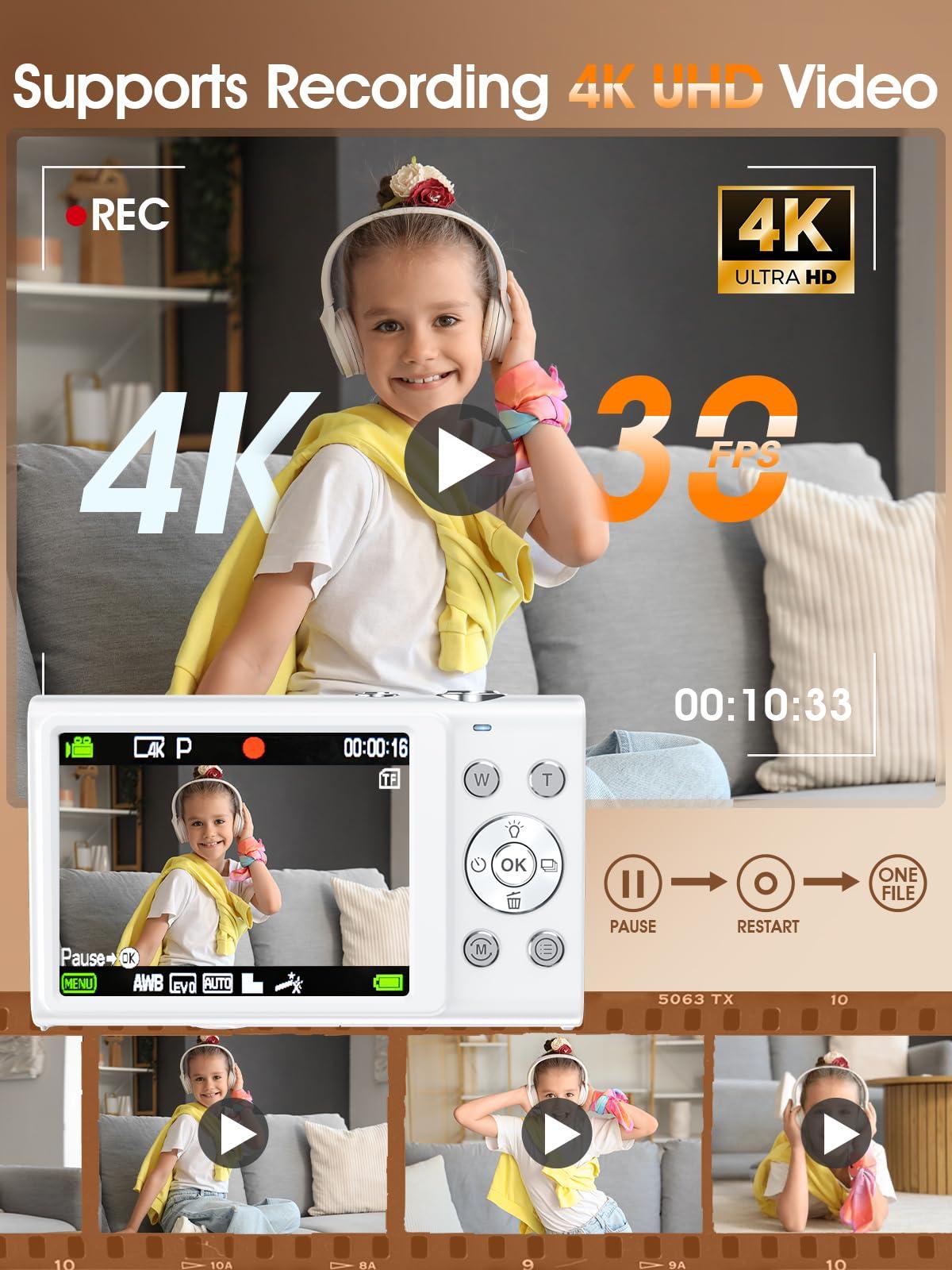 Digital Camera,Autofocus 4K Vlogging Camera for Photography with 32GB Card,48MP Portable Compact Point and Shoot Digital Camera for Teens Adult Beginner with 16X Zoom,Anti-Shake,2 Batteries(White) - Image 3