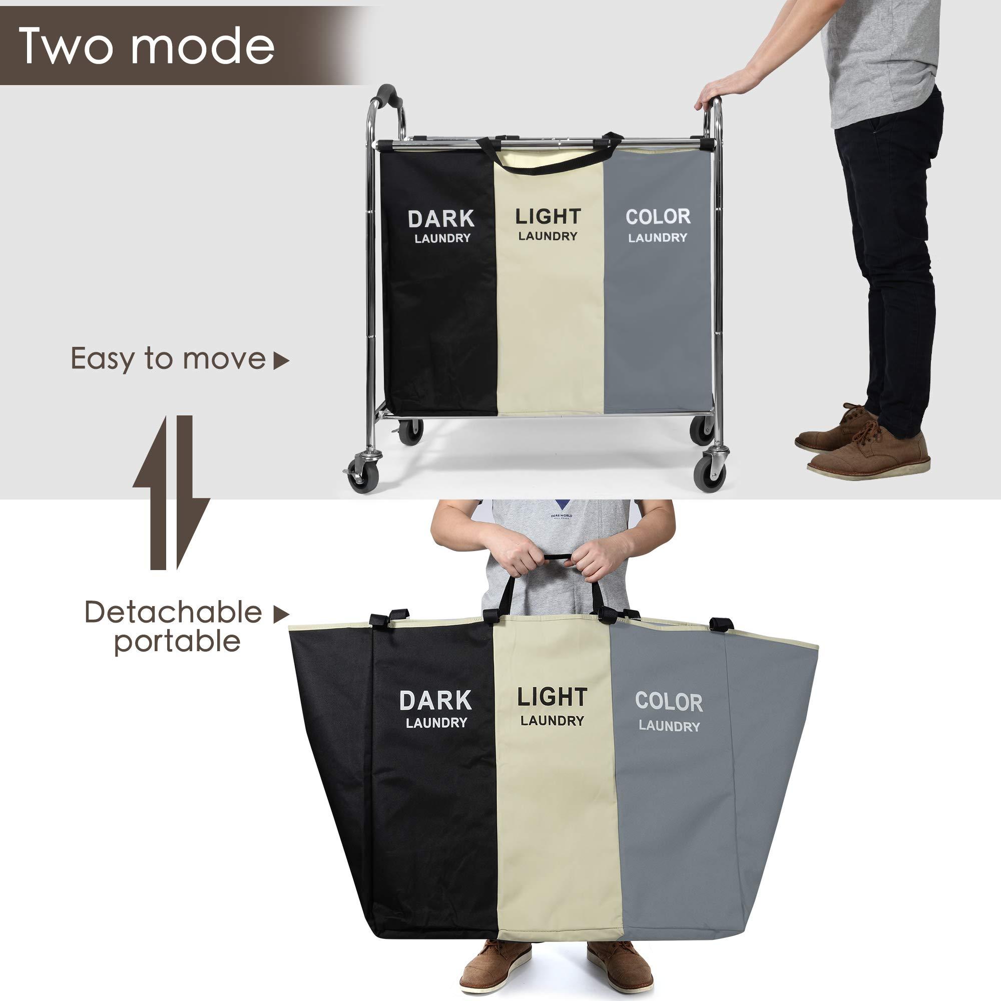 Laundry Basket with Wheels, 240l Laundry Hamper with 3 Section Laundry Bag for Dirty Clothes, Dorm Room Essentials, Towel Organization & Toys Storage Laundry Cart in Laundry Room Organization - Image 6