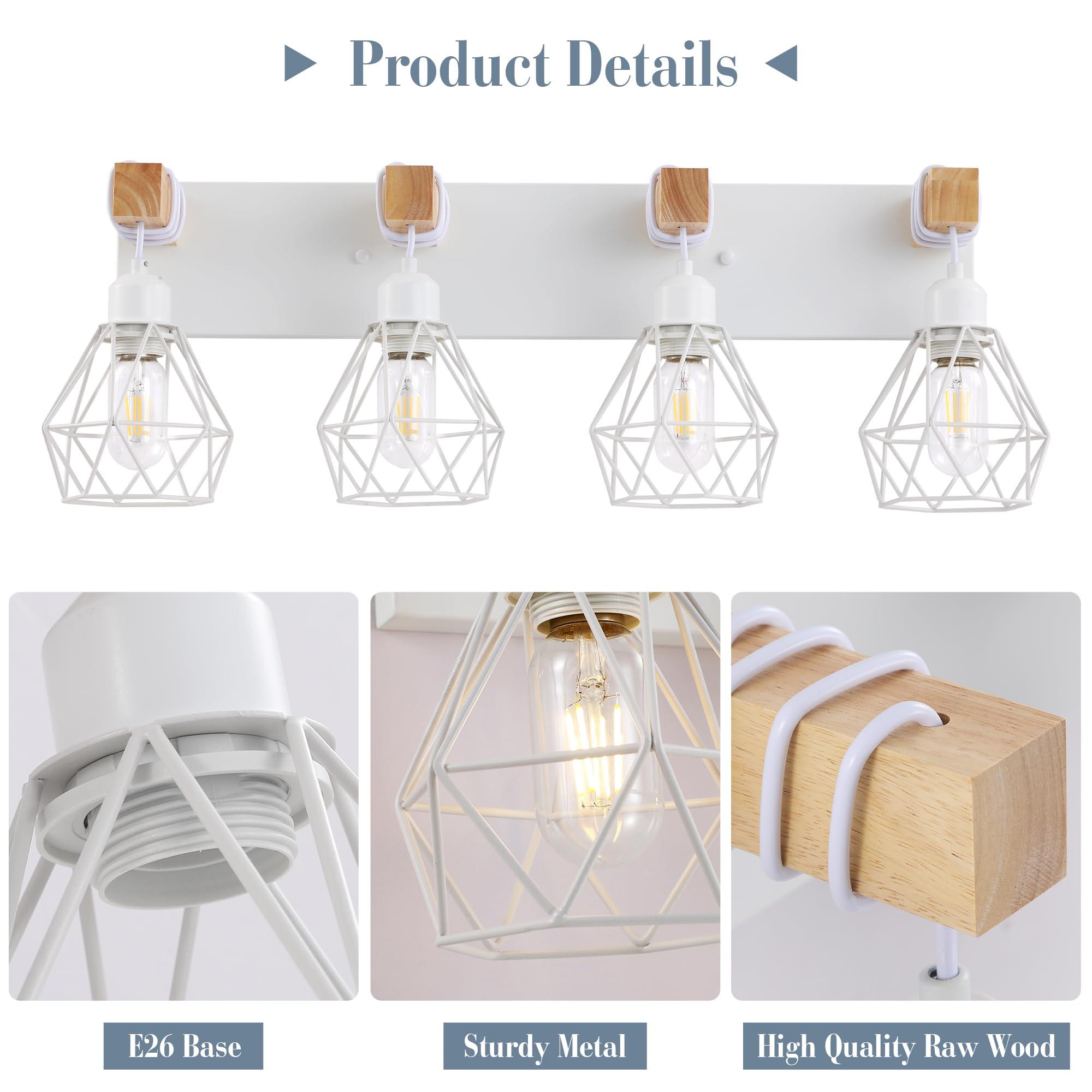Farmhouse Vanity Light for Bathroom, 4-Light White Wood Bathroom Vanity Light Fixtures Over Mirror, Rustic Sconces Wall Lighting with Metal Lampshade for Living Room, Bedroom, Hallway - Image 3