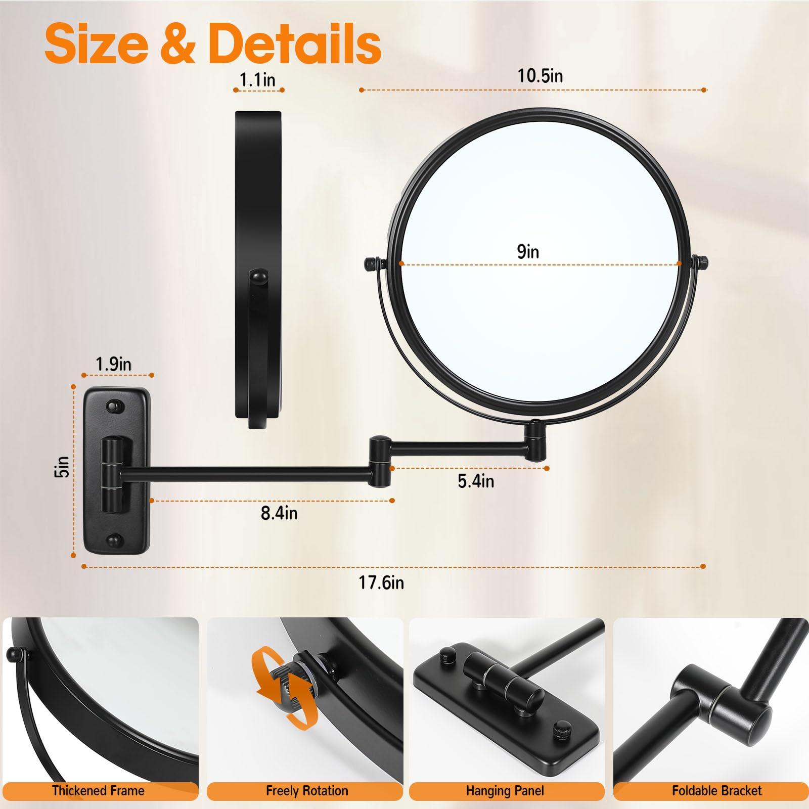 Large Size 9-in Wall Mounted Magnifying Makeup Mirror 1X/10X Magnification,Extendable Bathroom Mirrors Wall Mount Vanity Mirror for Shaving,12-in Folding Arm,Flexible Adjustable,Space-Saving,No Light - Image 2