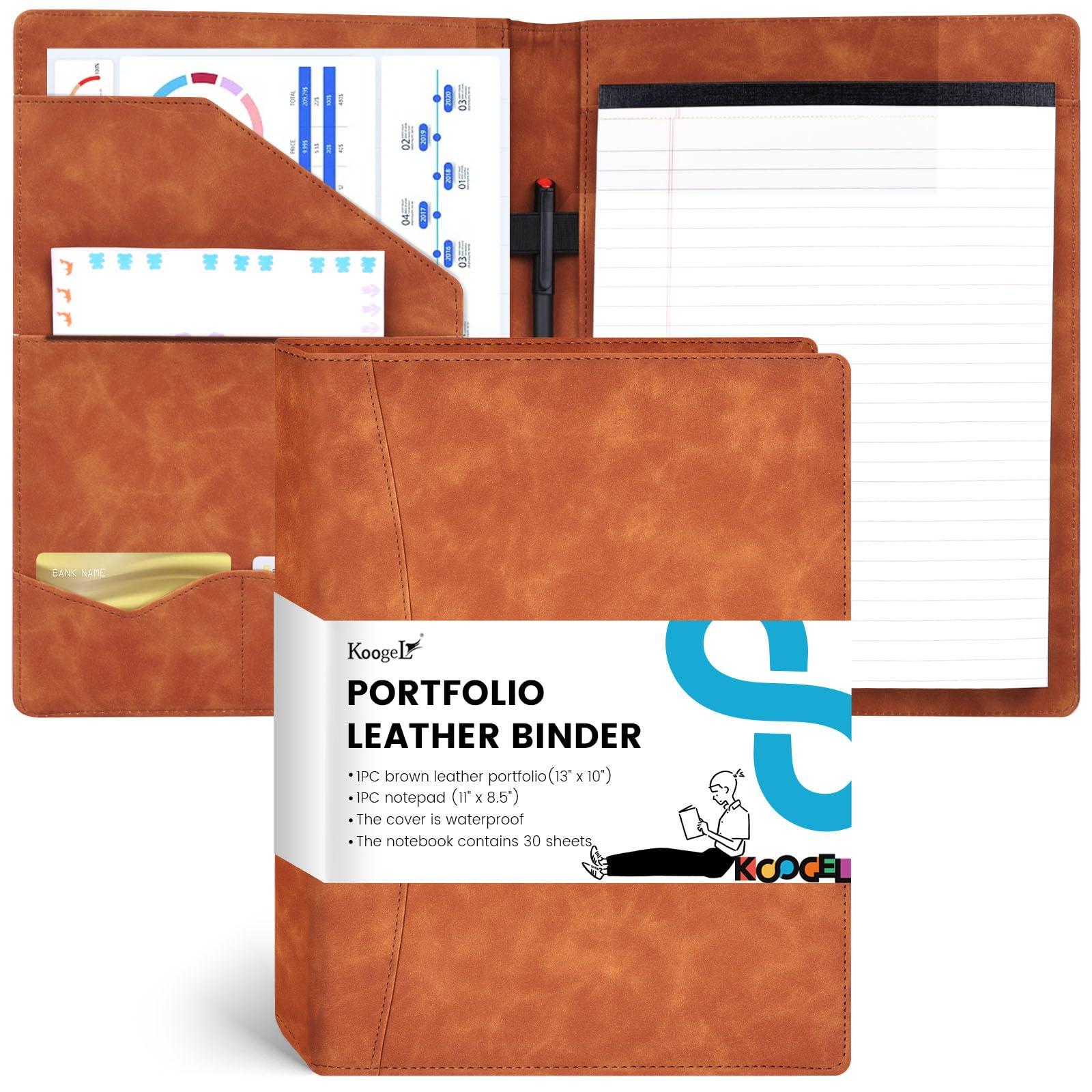 Koogel Padfolio Portfolio Folder, Leather Clipboard Portfolio Binder 13x10 inch Legal Writing Pad for Document Organizer Business Notepad Clip Boards for Men Office School Conference Meeting, Brown