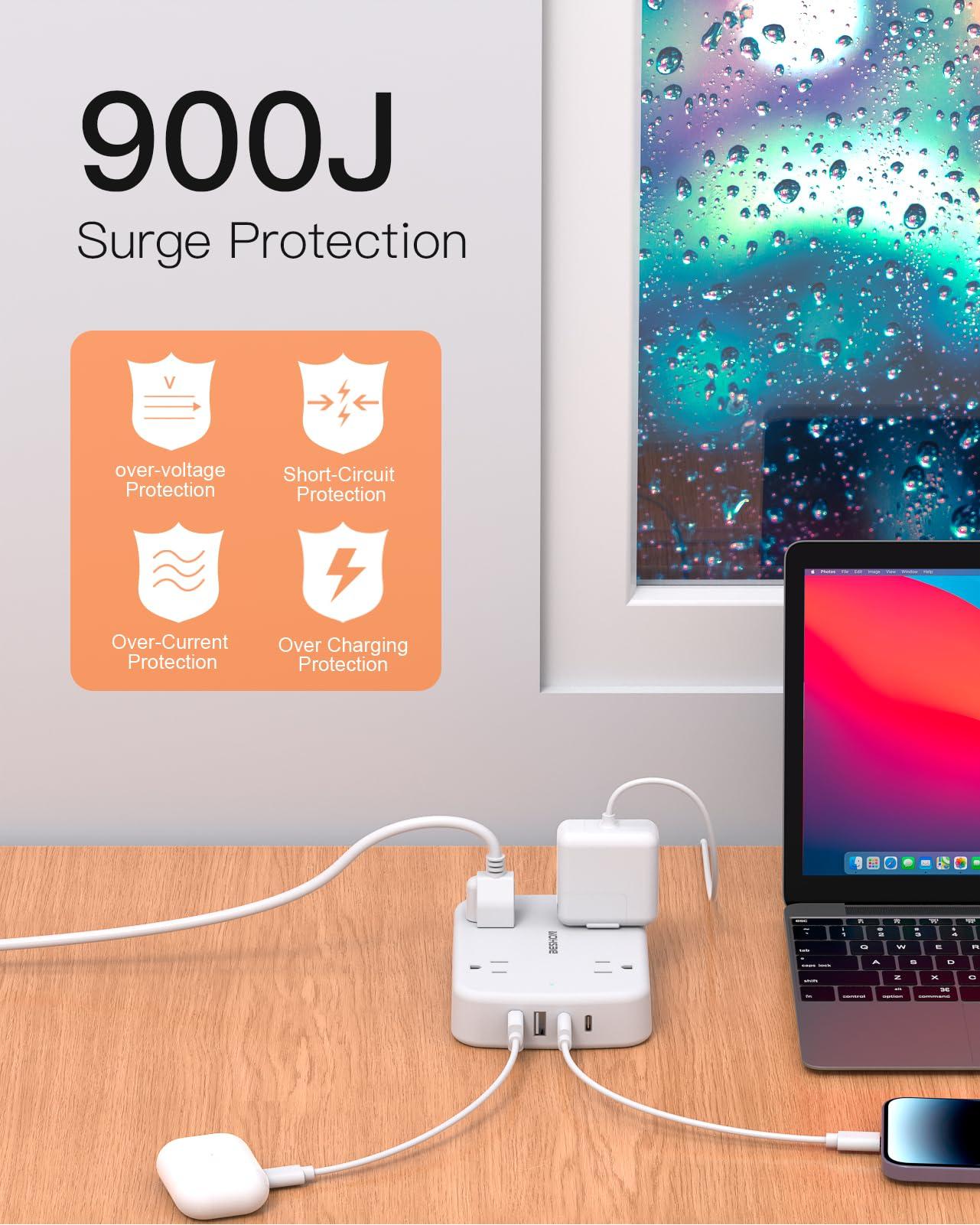10FT Surge Protector Power Strip, Flat Extension Cord with 2 USB C, Flat Plug Power Strip, 4 Widely Outlets and 4 USB Charging Ports, Outlet Extender, 900 Joules, for Home Office Dorm Room Essentials - Image 7