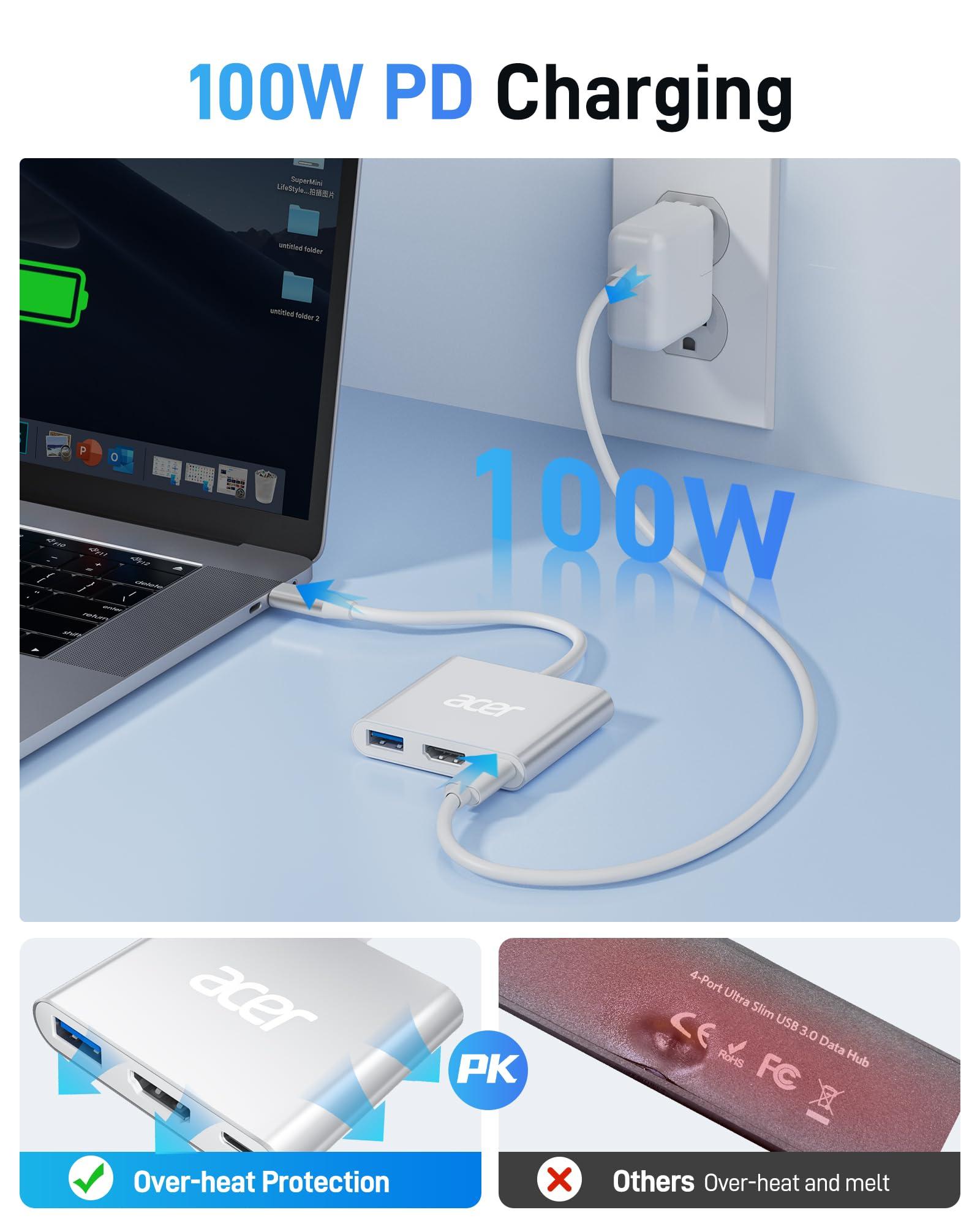 Acer USB C to HDMI Adapter, 4K USB C Hub with 100W PD, USBA 3.0 Port, HDMI to USBC Multiport Digital AV Converter for MacBook Pro/Air, iPad, Tablets, Switch, TV, Monitor and More (Silver) - Image 4