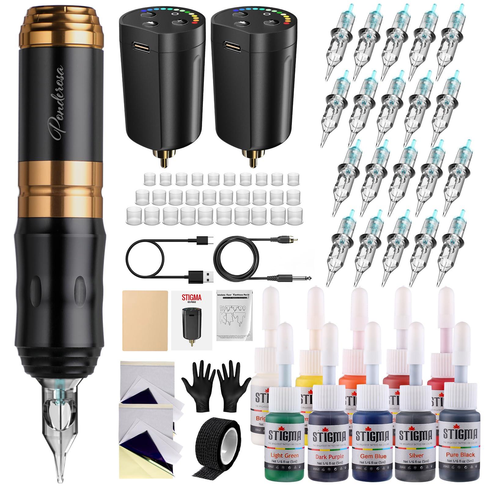 STIGMA Cordless Tattoo Gun Tattoo Kit Complete with Pro Tattoo Pen, 2 Tattoo Batteries, 20 Tattoo Cartridge Needles,Tattoo Ink Color Set, Full Tattoo Accessories STP35TI4002-9 (Multicolor)