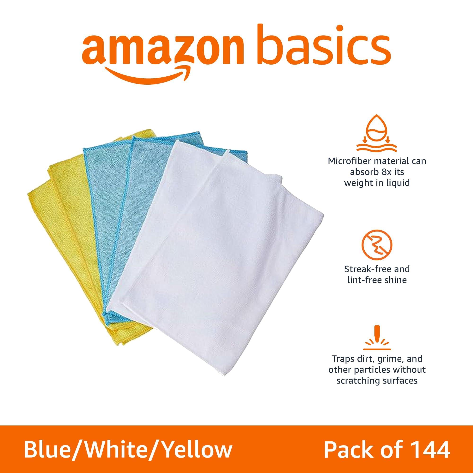 Amazon Basics Microfiber Cleaning Cloths for Cars, Non-Abrasive, Highly Absorbent, Lint and Scratch-Free, Reusable and Washable, 16" x 12", Blue/White/Yellow, 144-Pack - Image 2