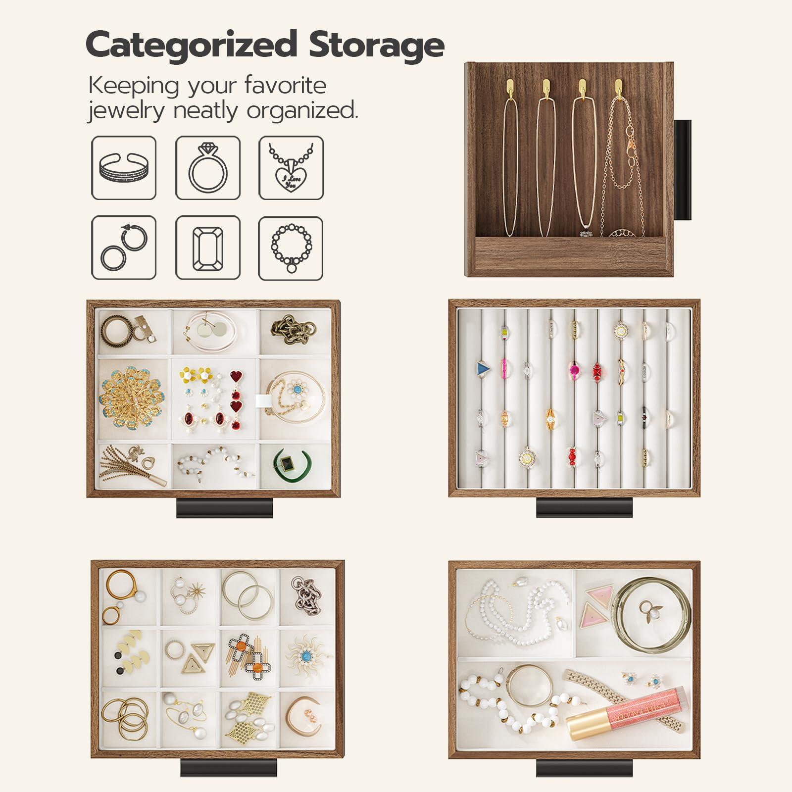 HOOBRO Jewelry Box for Women, Wooden Jewelry Organizer with Transparent Window, 4-Layer Jewelry Organizer Box, Jewelry Holder Organizer for Earrings, Necklaces, Rings, Walnut and Black BH09JB04 - Image 6