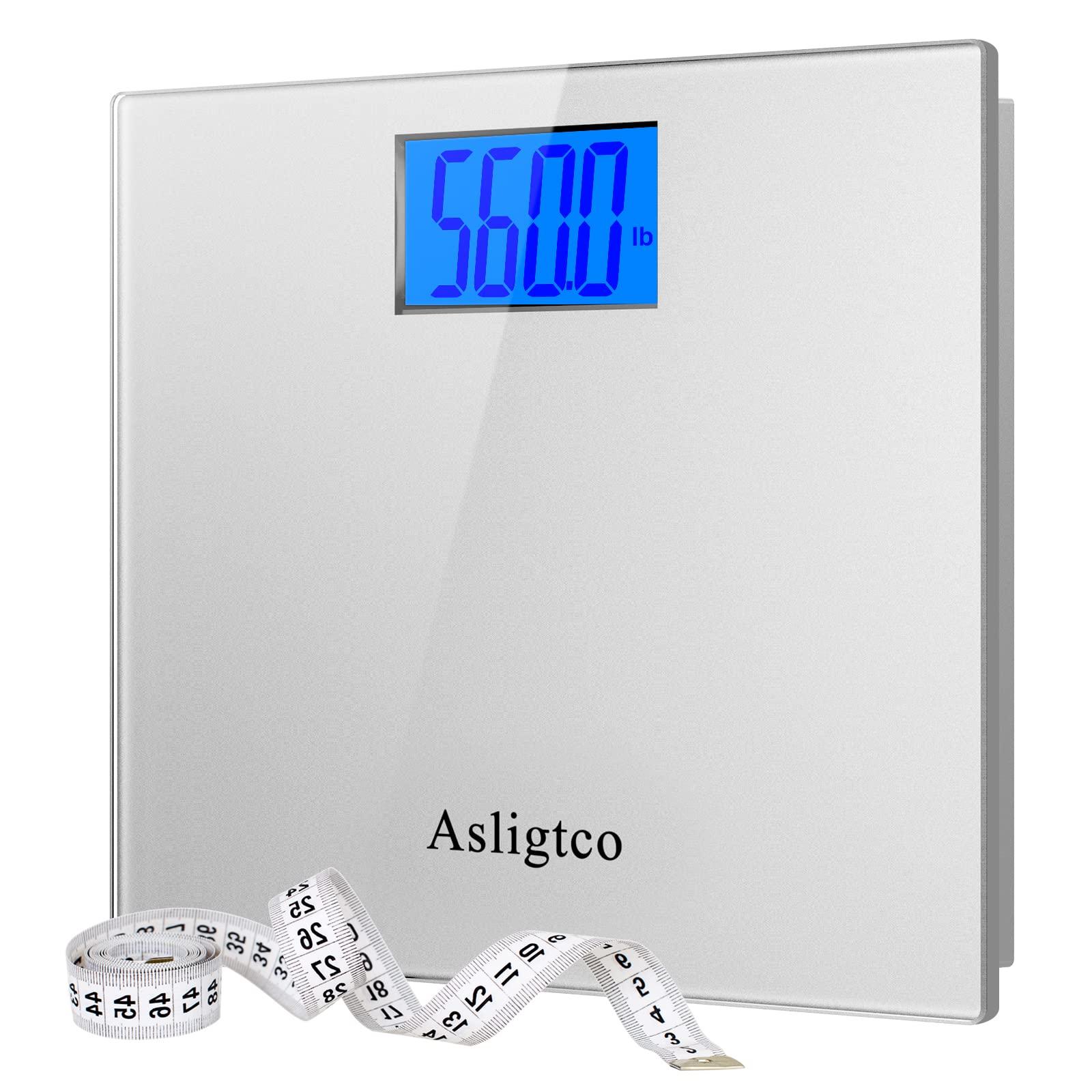 Asligtco Bathroom Scale 560lbs High Capacity Scale for Body Weight Extra Large Platform Backlit Display Digital Scales with Tape Measure & Battery(Silver)