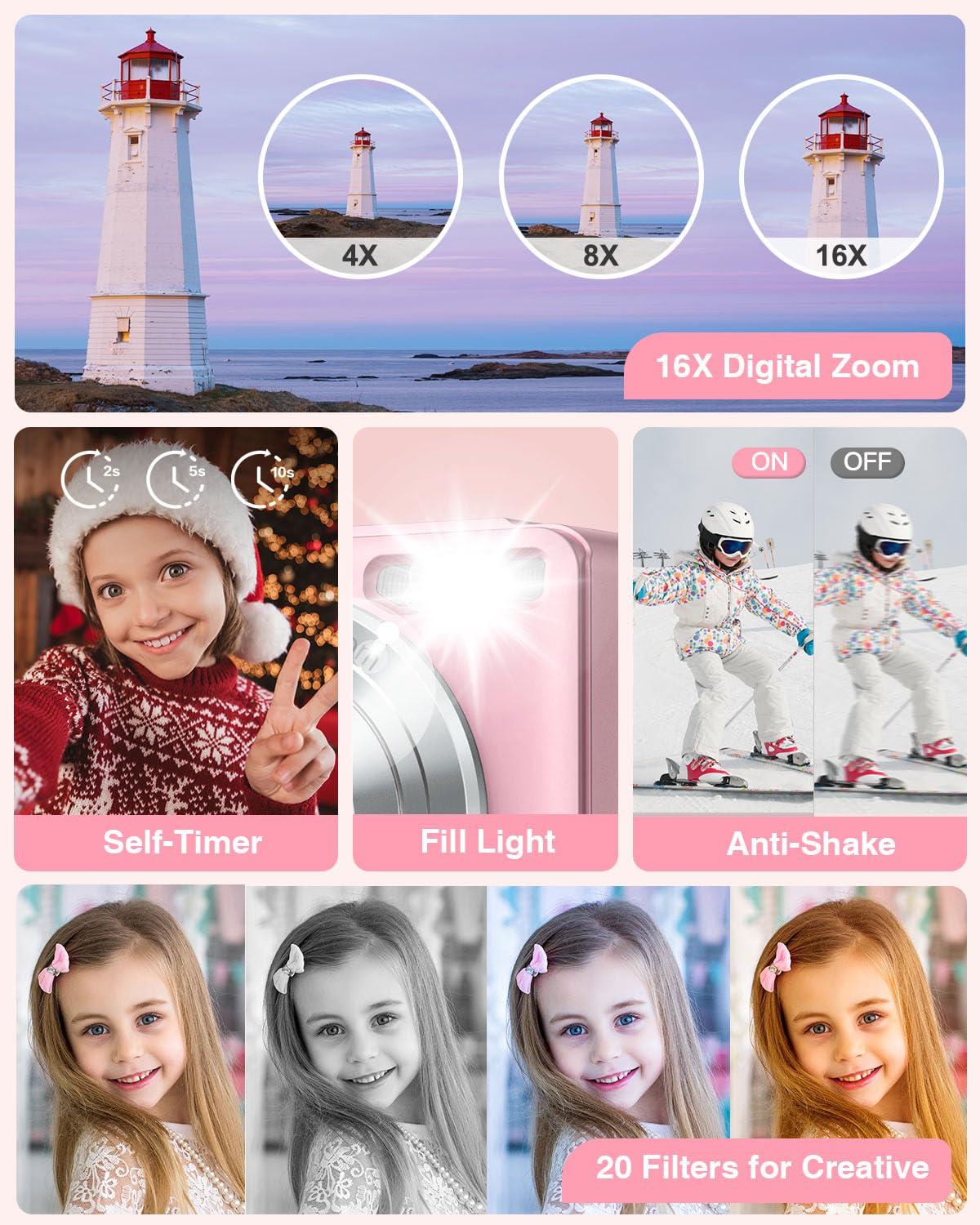 YAXTIFIU Digital Camera, 44MP FHD 1080P Camera for Kids with 32GB Card, Point and Shoot Digital Camera for Teens with 16X Zoom, Portable Kids Camera Gifts for Girls Boys Student Children(Pink) - Image 3