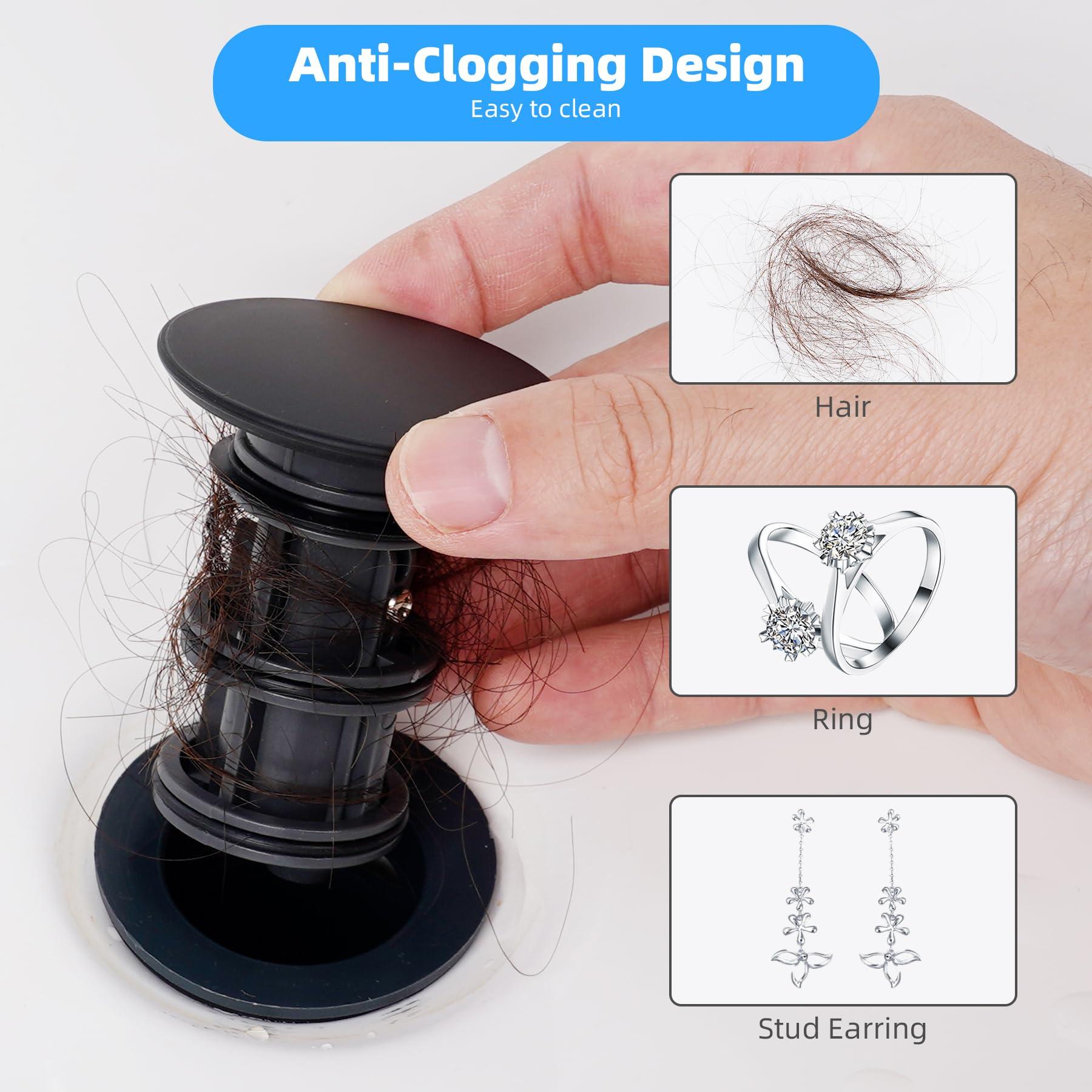 Hibbent 2 Pack Universal Bathroom Sink Drain Stopper, Pop Up Drain Strainer with Overflow, Push and Seal Sink Plug with Basket for Lavatory Vanity Vessel, Anti-Clogging Strainer, Matte Black - Image 3