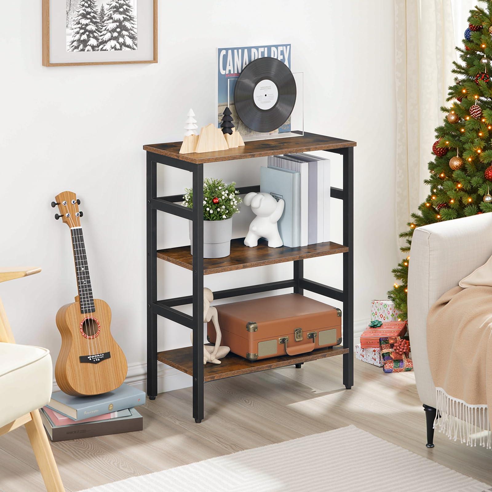 HOOBRO 3 Tier Bookshelf, 23.6"L Industrial Bookcase, Record Storage Rack with Side Fence, Wood Storage Shelf with Metal Frame, Rustic Open Display Shelf for Living Room, Bedroom, Rustic Brown BF86CJ01 - Image 2