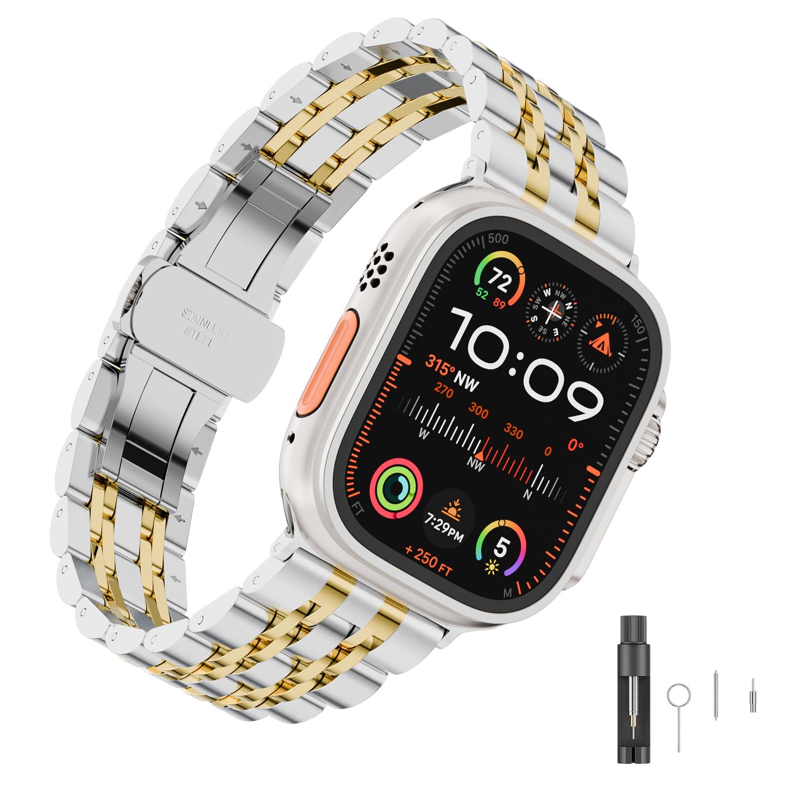HUANLONG Solid Stainless Steel Band Compatible with Apple Watch 49mm 46mm 45mm 44mm 42mm 41mm 40mm 38mm, Metal Strap for iWatch Series Ultra/Ultra2/10/9/8/7/6/5/4/3/2/1 SE Women and Men
