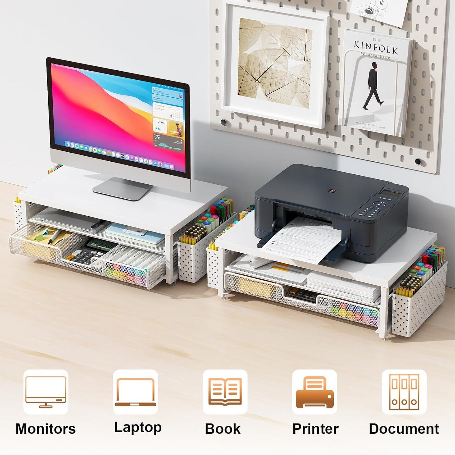 gianotter Monitor Stand Riser, Desk Organizer with Drawer and Pen Holder, 2-Tier Computer Stand, Office Desk Accessories, Office Organization (White Wood + Metal) - Image 7