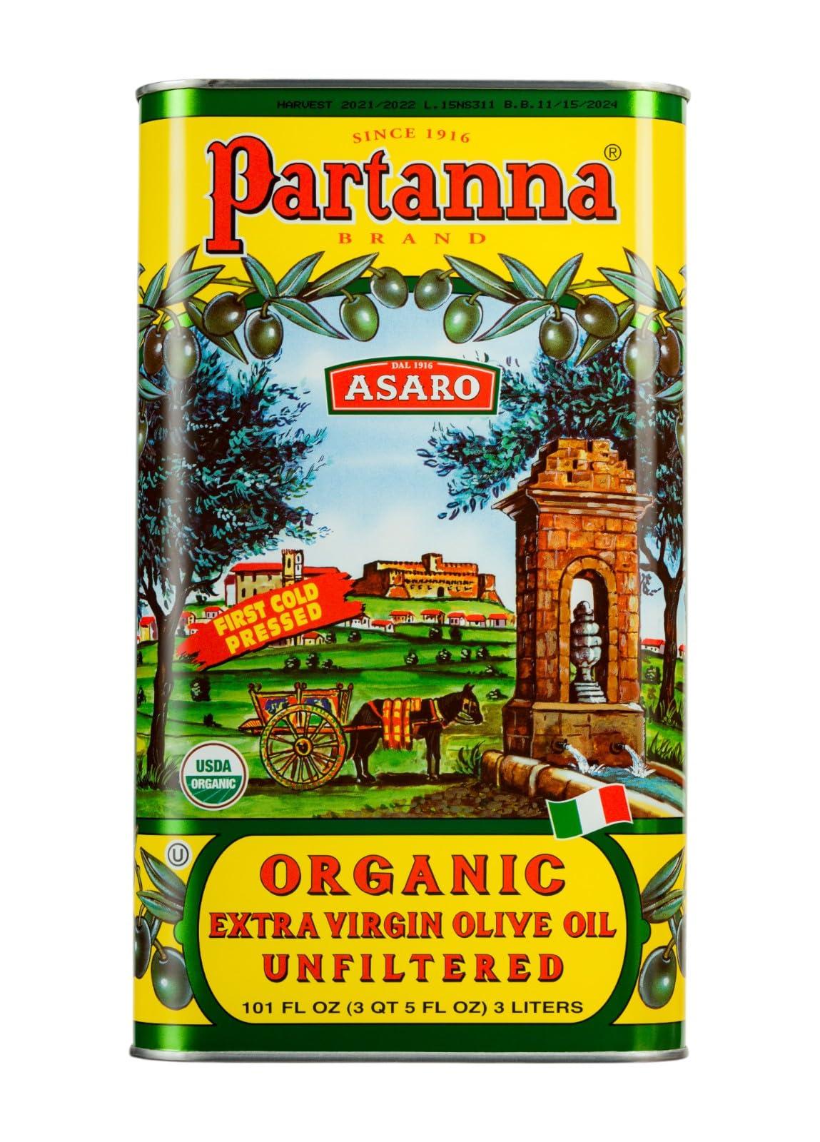 Partanna Organic Unfiltered Extra Virgin Olive Oil - Premium Organic Castelvetrano Oil Harvested in Sicily - Pure Authentic Italian - Monovarietal - Rich in Flavor and Tradition - 101oz (3 liter) Tin