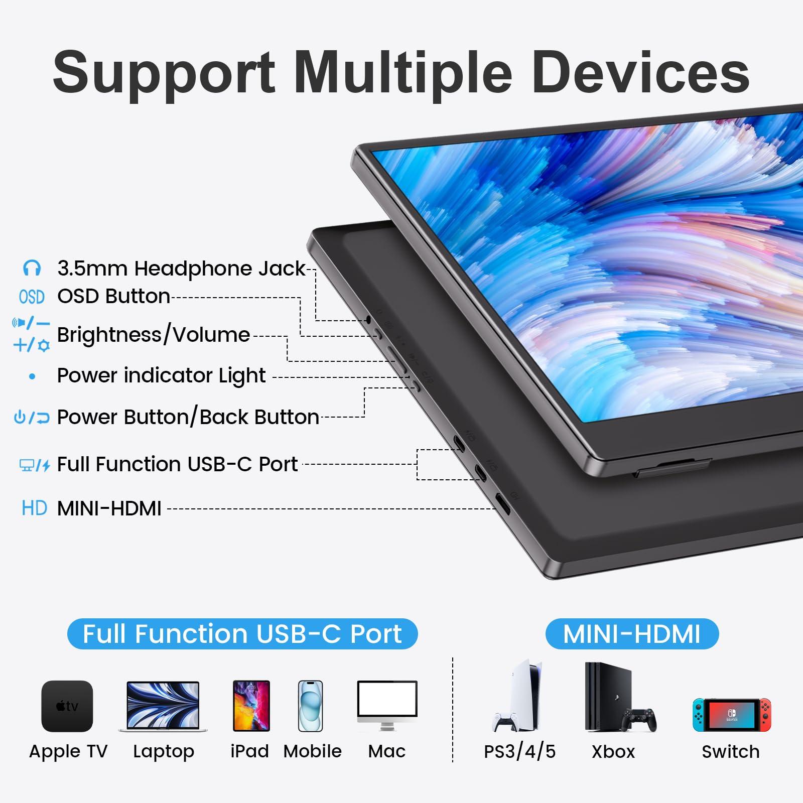 UFYQL 15.6-inch Portable Monitor FHD IPS Gaming Display Travel External Monitor, for Laptop PC Phone PS4/5 Xbox Switch, 1080P, USB-C, HDMI, Ultra-Slim, with Kickstand, Speakers, Plug&Play, HDR - Image 5