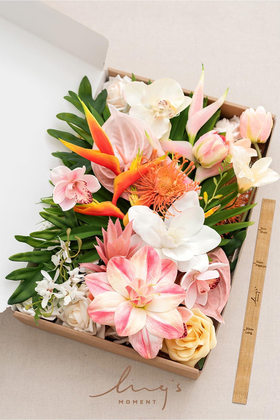 Ling's Moment Fake Flowers Box, Faux Artificial Greenery Stems Foam Roses Silk Lilac for Wedding Decor Centerpieces Table Decorations Floral Arrangements, Tropical Citrus & Pink, Deluxe Combo - Image 5