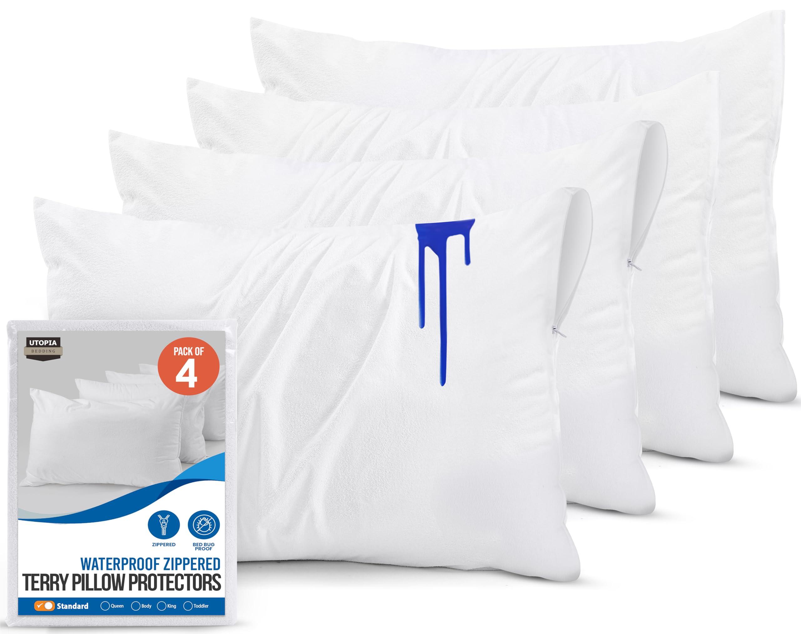 Utopia Bedding Waterproof Pillow Protectors with Zipper Standard Size (4 Pack), Terry Pillow Covers, Bed Bug and Dust Mite Proof