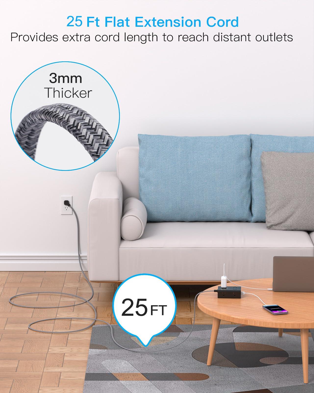 Surge Protector Power Strip 25 Ft Cord, Ultra Thin Flat Extension Cord with 8 Outlets 4 USB Ports(2 USB C), Flat Plug Power Strip, 25 Ft Long Braided Power Cord for College Dorm Room Essentials-BK - Image 2