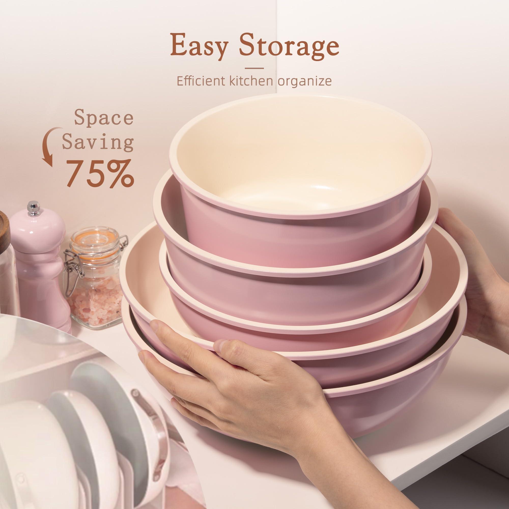 Astercook 21 Pcs Pots and Pans Set Non Stick, Ceramic Cookware Set Detachable Handle, RV Kitchen Cooking Set Removable Handles, Oven Safe, Induction Ready, Stackable Non-stick Set, Pink - Image 6