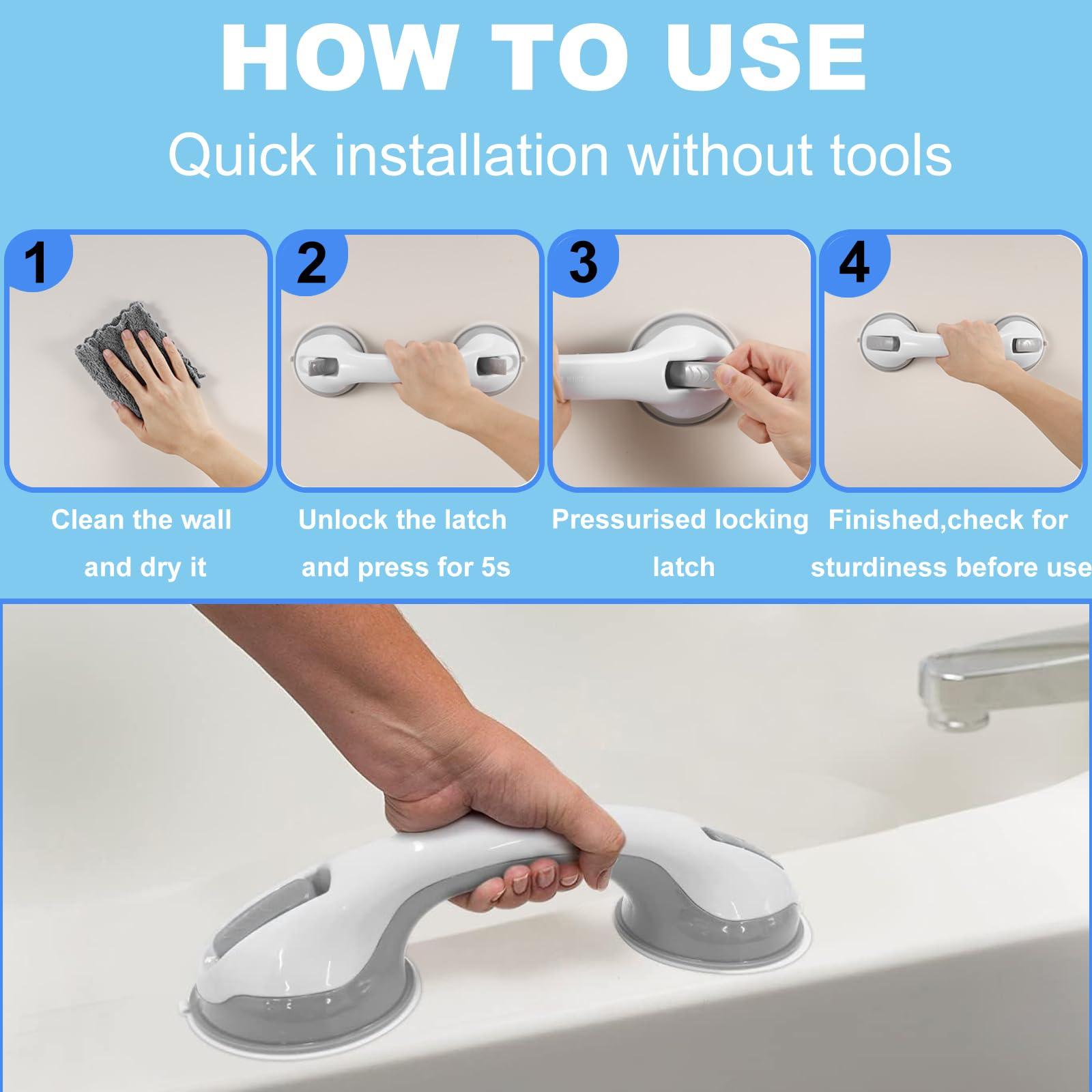 Heartfeltyire Shower Handles for Elderly Suction Seniors Cup 12 Inch Grey Grab Bar Safety Rail for Bathtubs Showers Bathroom Walls Tub Toilet with Strong Hold Grip Injury Handicap Elderly - Image 4