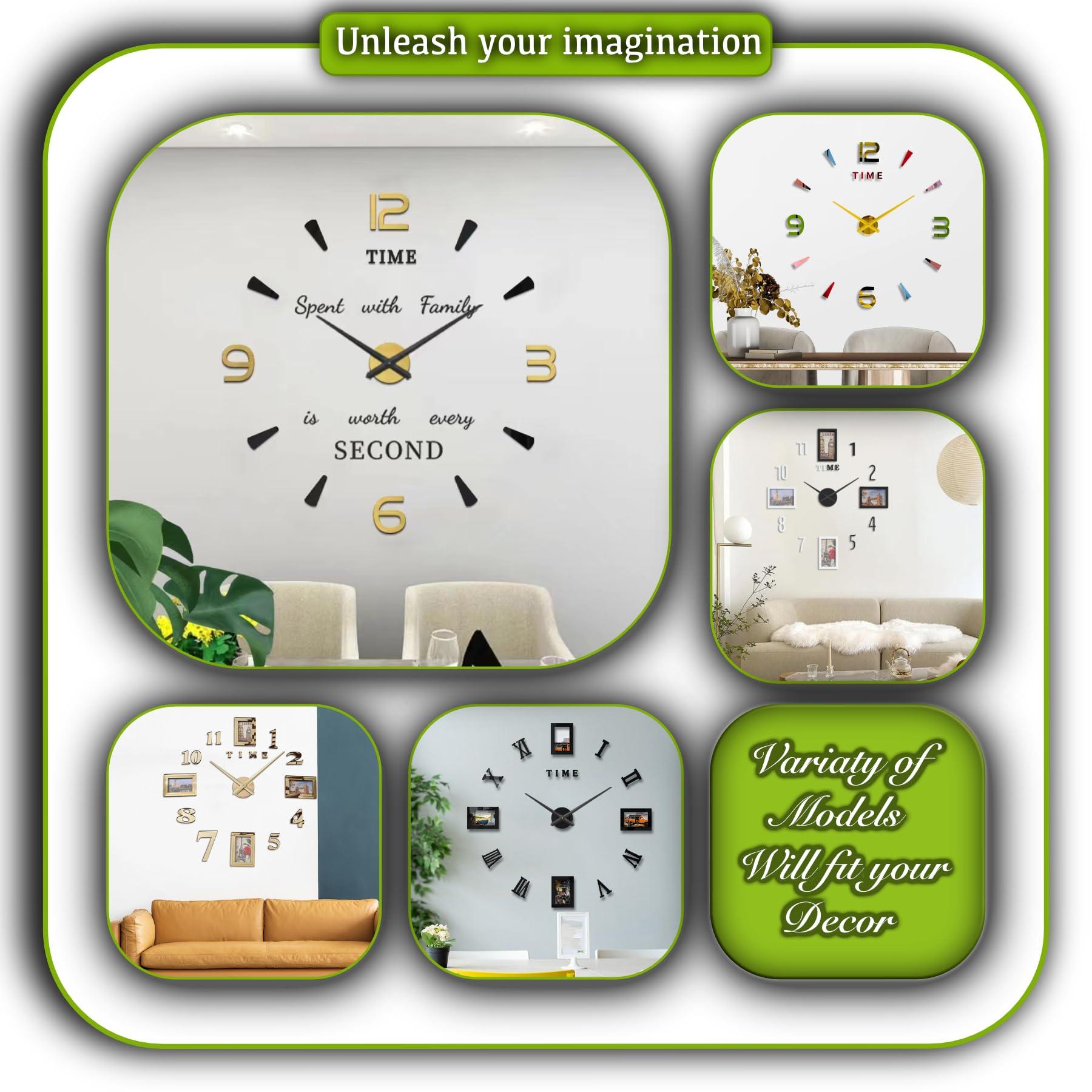 Larsa Home, Frameless 3D Analog DIY Wall Clock Adjustable Size Large Modern Sticker Numbers with Dashes Mirror Finish for Home, living room, Bedroom, Office Decoration (Gold, Black), ZH03410 - Image 3